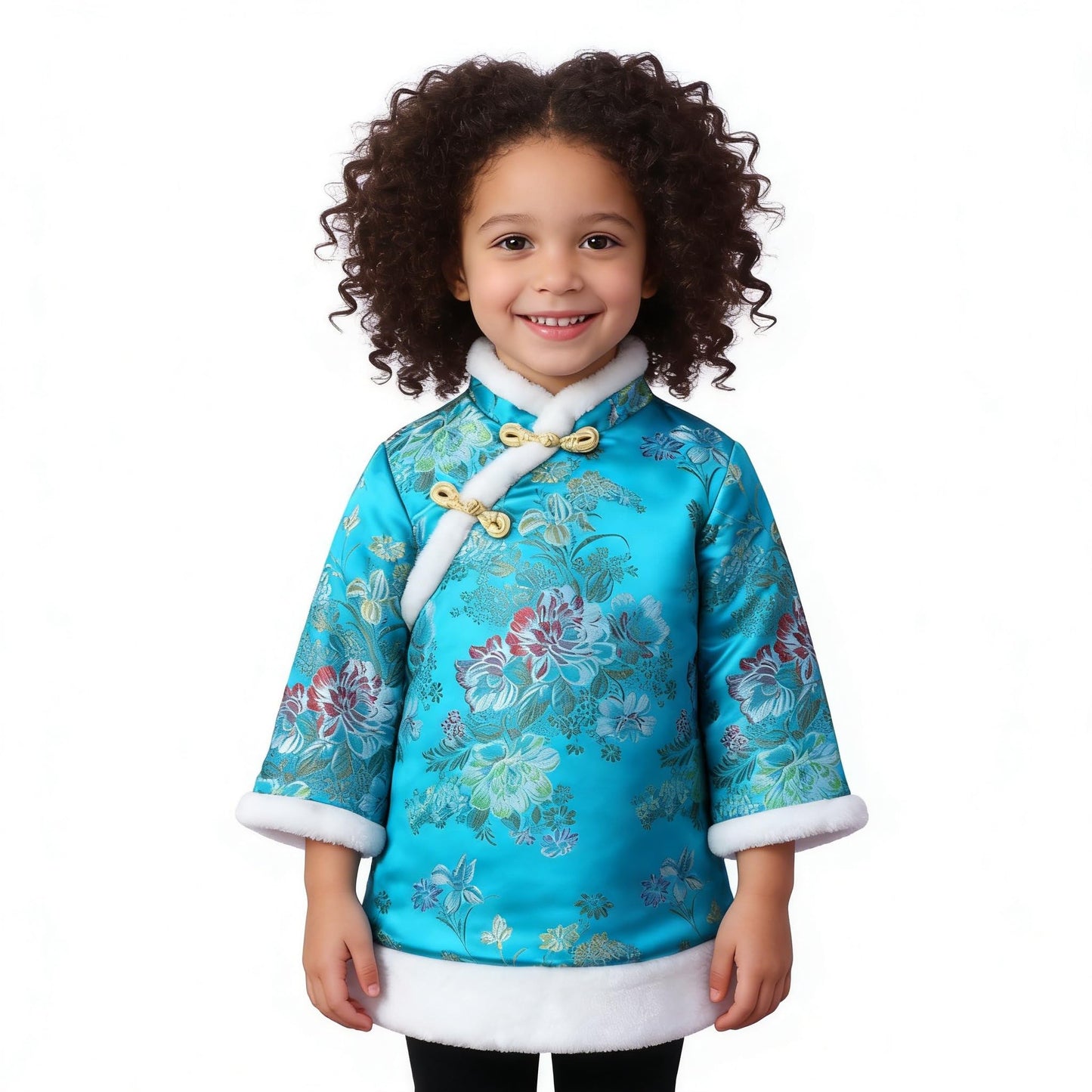 SZCQ Baby Girls Qipao Dress - Quilted Blue Cheongsam with Floral Embroidery, 1-12Y