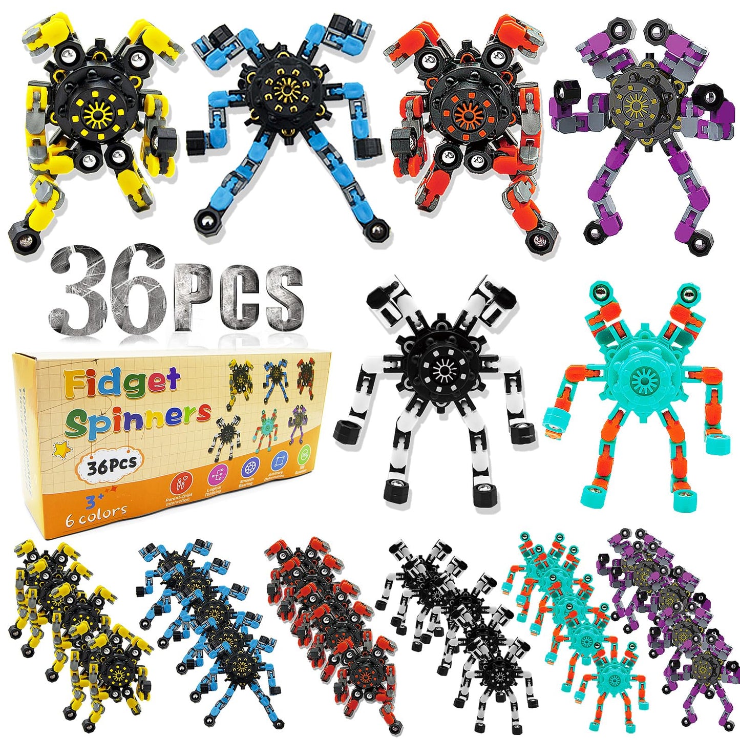 Szcuelz Valentines Kids Classroom 36PC Transformable Fidget Spinner – Sensory DIY Robot Toy