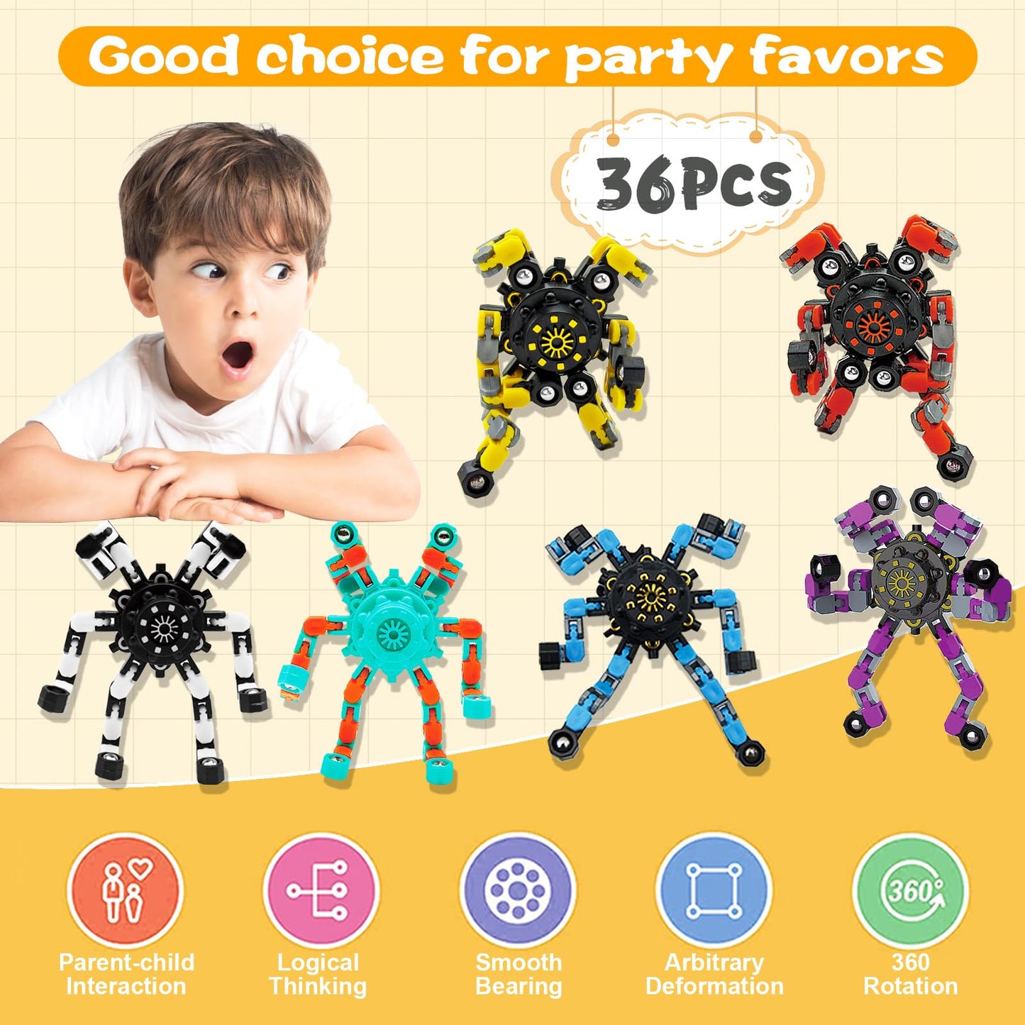 Szcuelz Valentines Kids Classroom 36PC Transformable Fidget Spinner – Sensory DIY Robot Toy