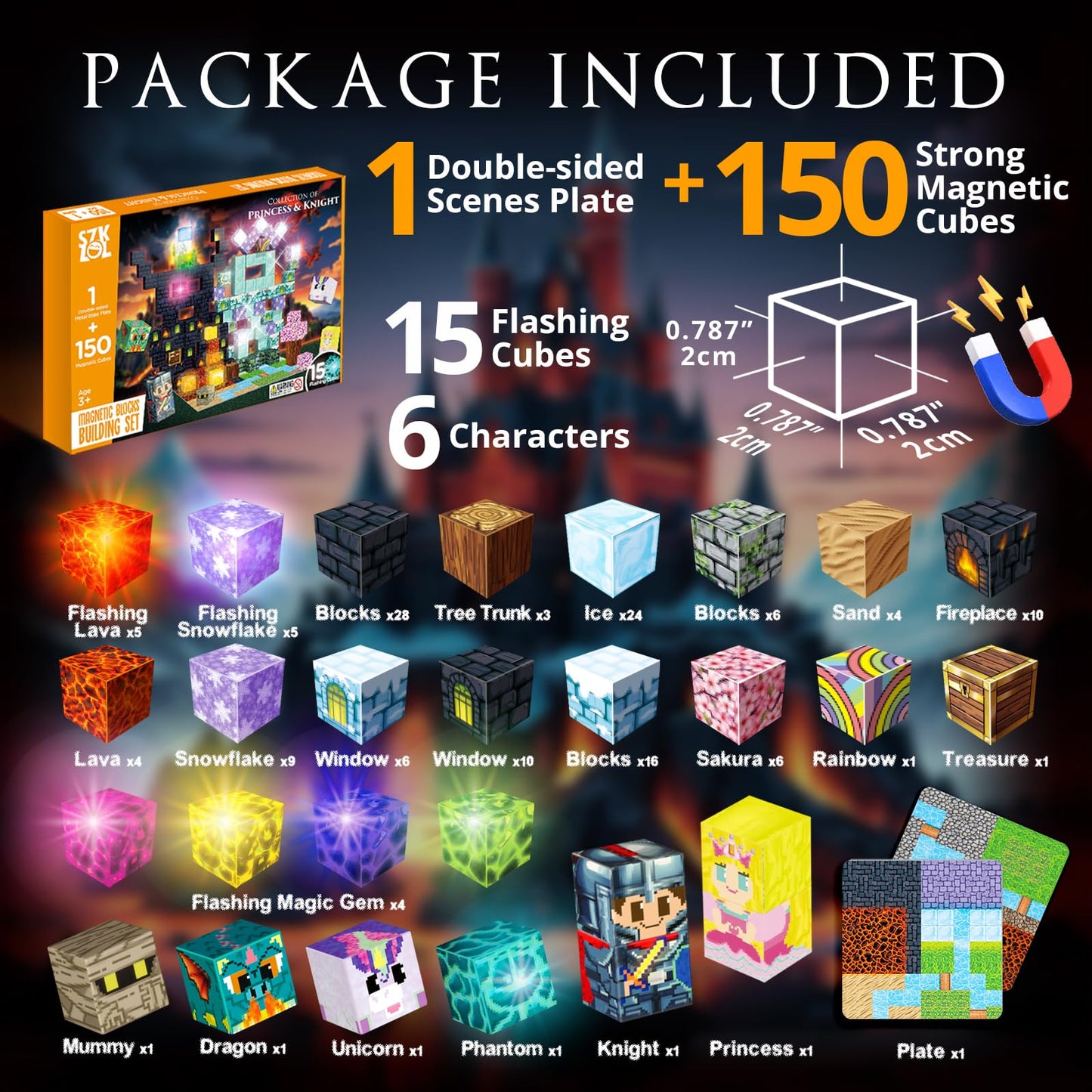 SZKLOL 150-Piece Magnetic Building Blocks with Light-Up Cubes – STEM Castle Toy for Ages 3-6