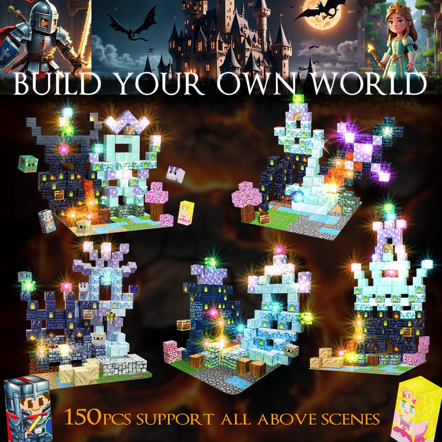 SZKLOL 150-Piece Magnetic Building Blocks with Light-Up Cubes – STEM Castle Toy for Ages 3-6