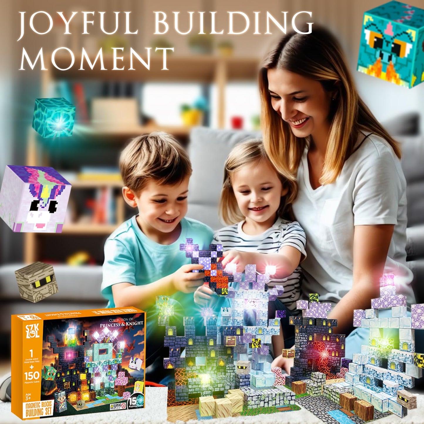 SZKLOL 150-Piece Magnetic Building Blocks with Light-Up Cubes – STEM Castle Toy for Ages 3-6