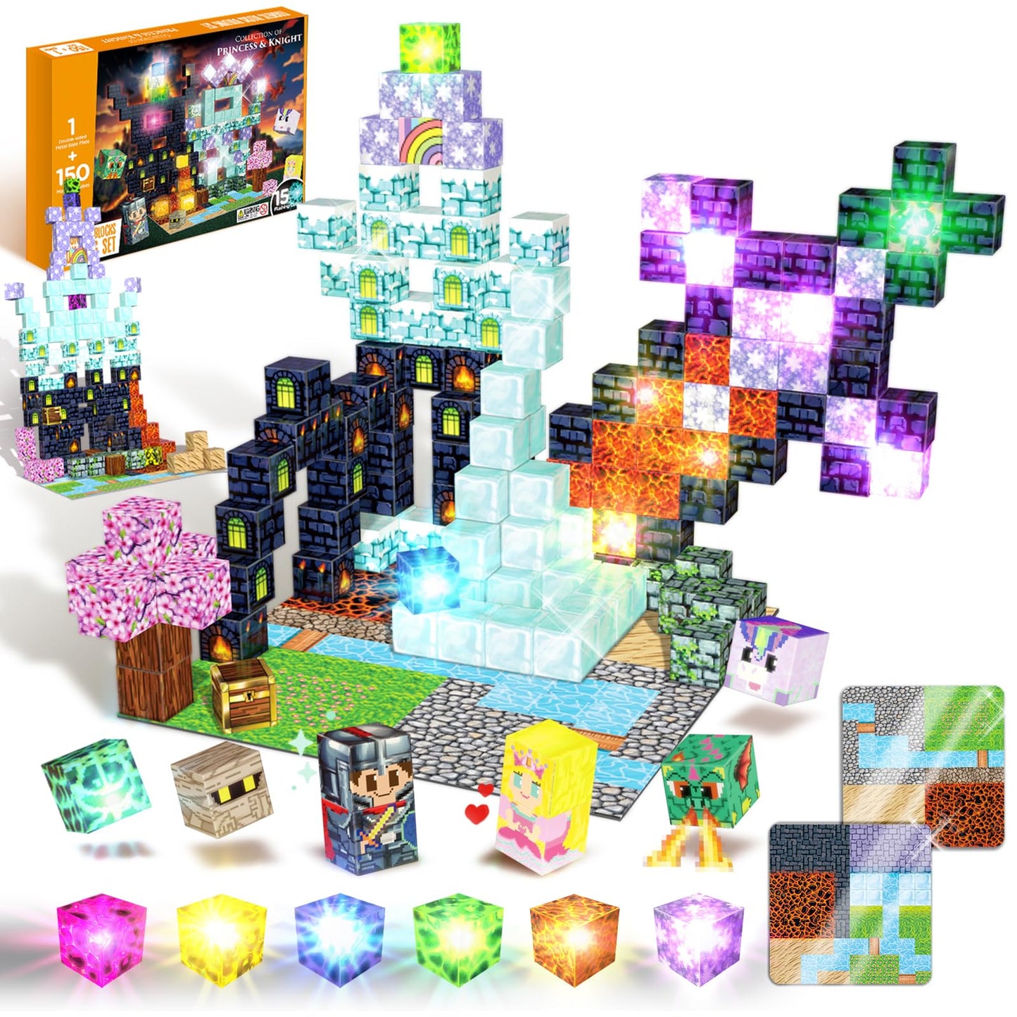 SZKLOL 150-Piece Magnetic Building Blocks with Light-Up Cubes – STEM Castle Toy for Ages 3-6