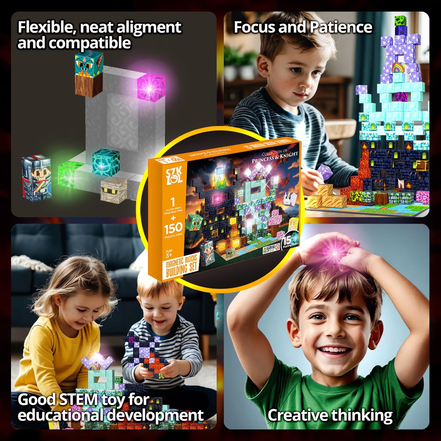SZKLOL 150-Piece Magnetic Building Blocks with Light-Up Cubes – STEM Castle Toy for Ages 3-6