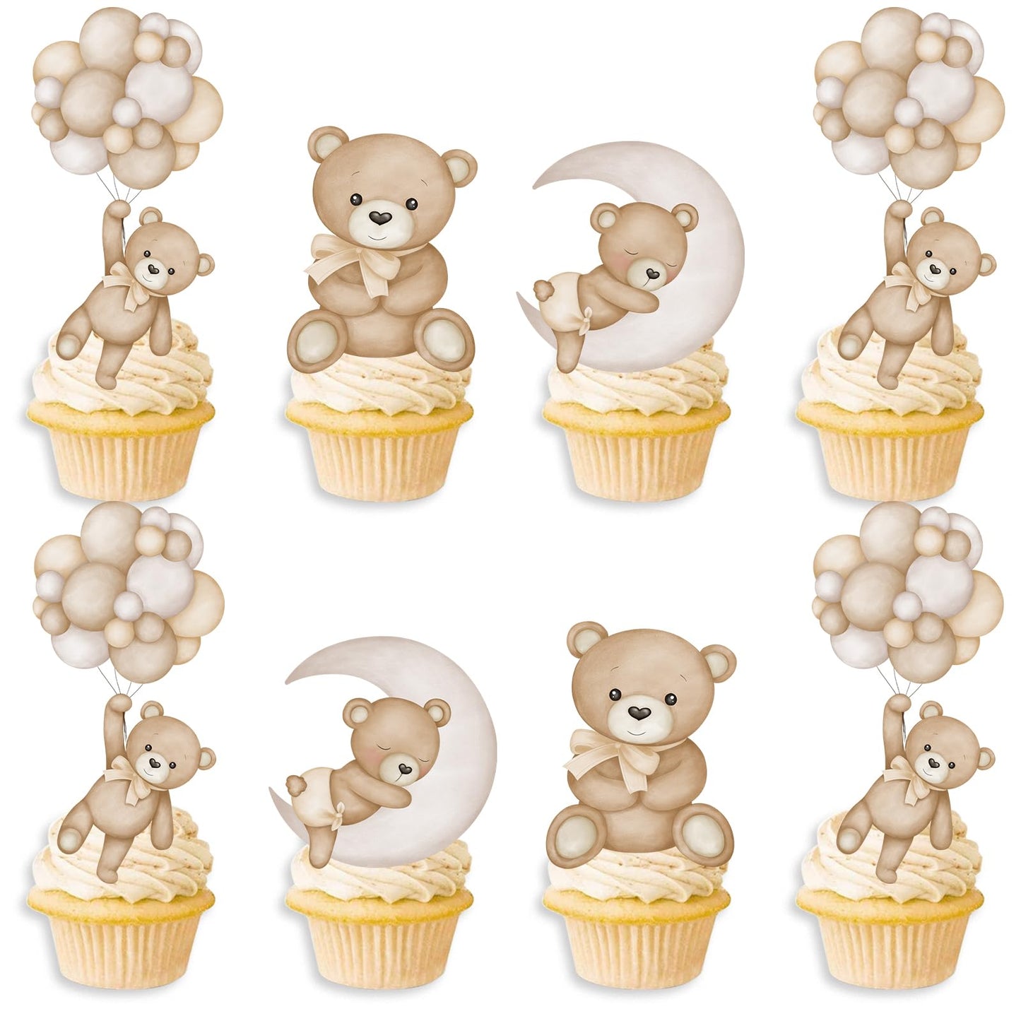 SZSHANN 48Pcs Teddy Bear Cupcake Toppers - Baby Shower Bear Theme Cake Decorations