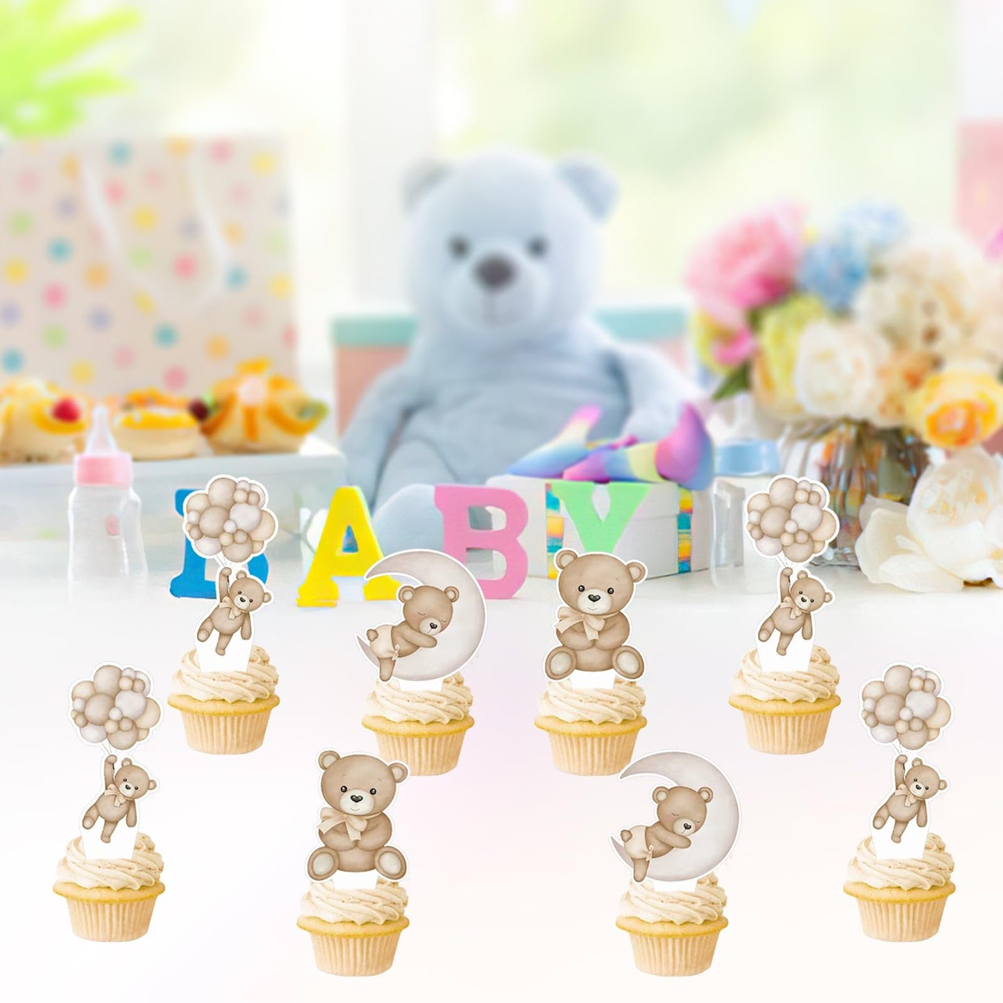 SZSHANN 48Pcs Teddy Bear Cupcake Toppers - Baby Shower Bear Theme Cake Decorations