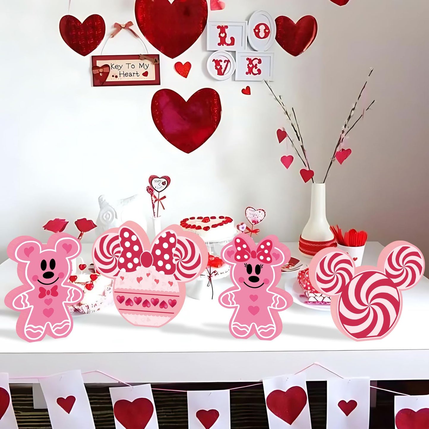 SZTZPW 4pcs Valentines Day Mouse Decorations – Pink Double-Sided Centerpieces for Tiered Trays
