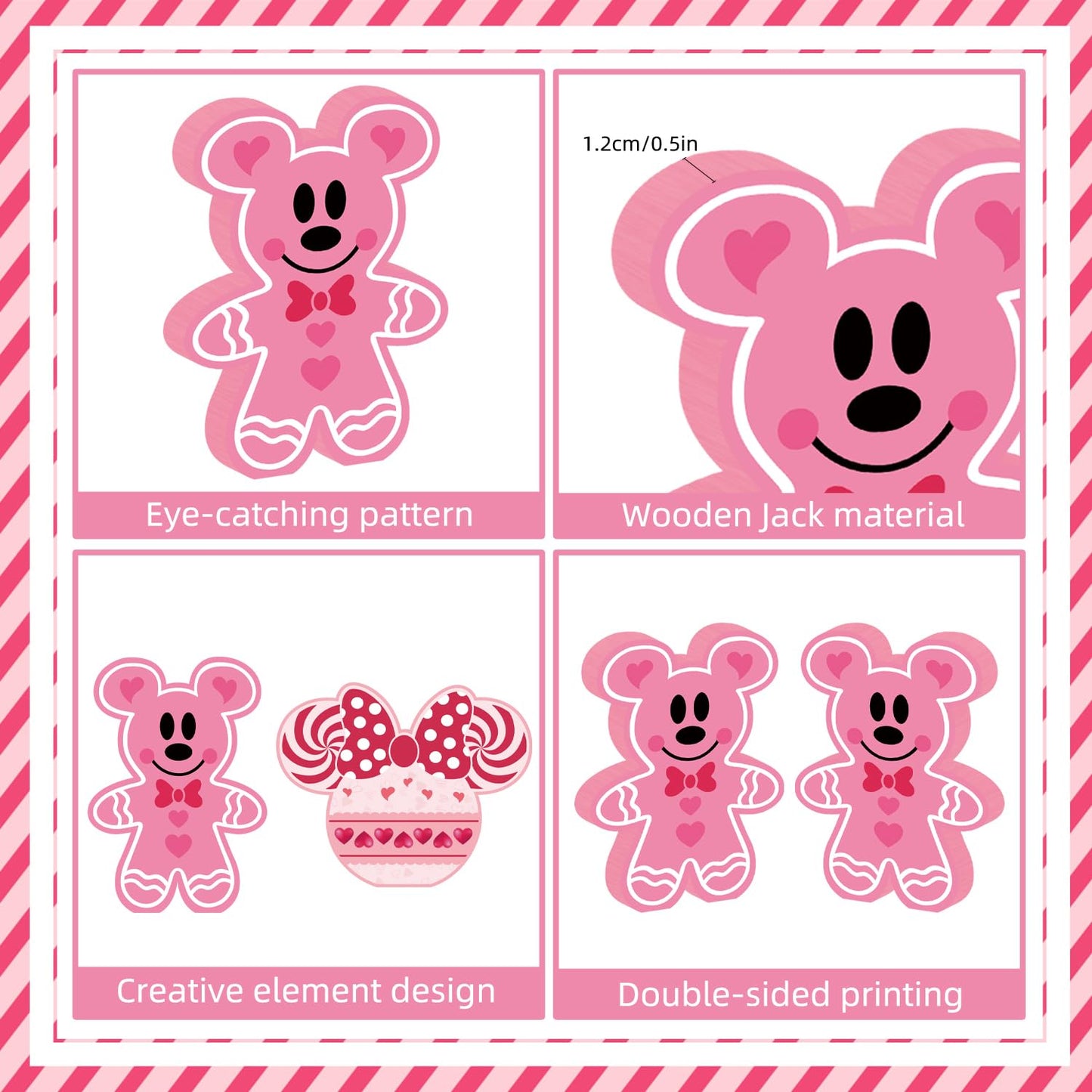SZTZPW 4pcs Valentines Day Mouse Decorations – Pink Double-Sided Centerpieces for Tiered Trays