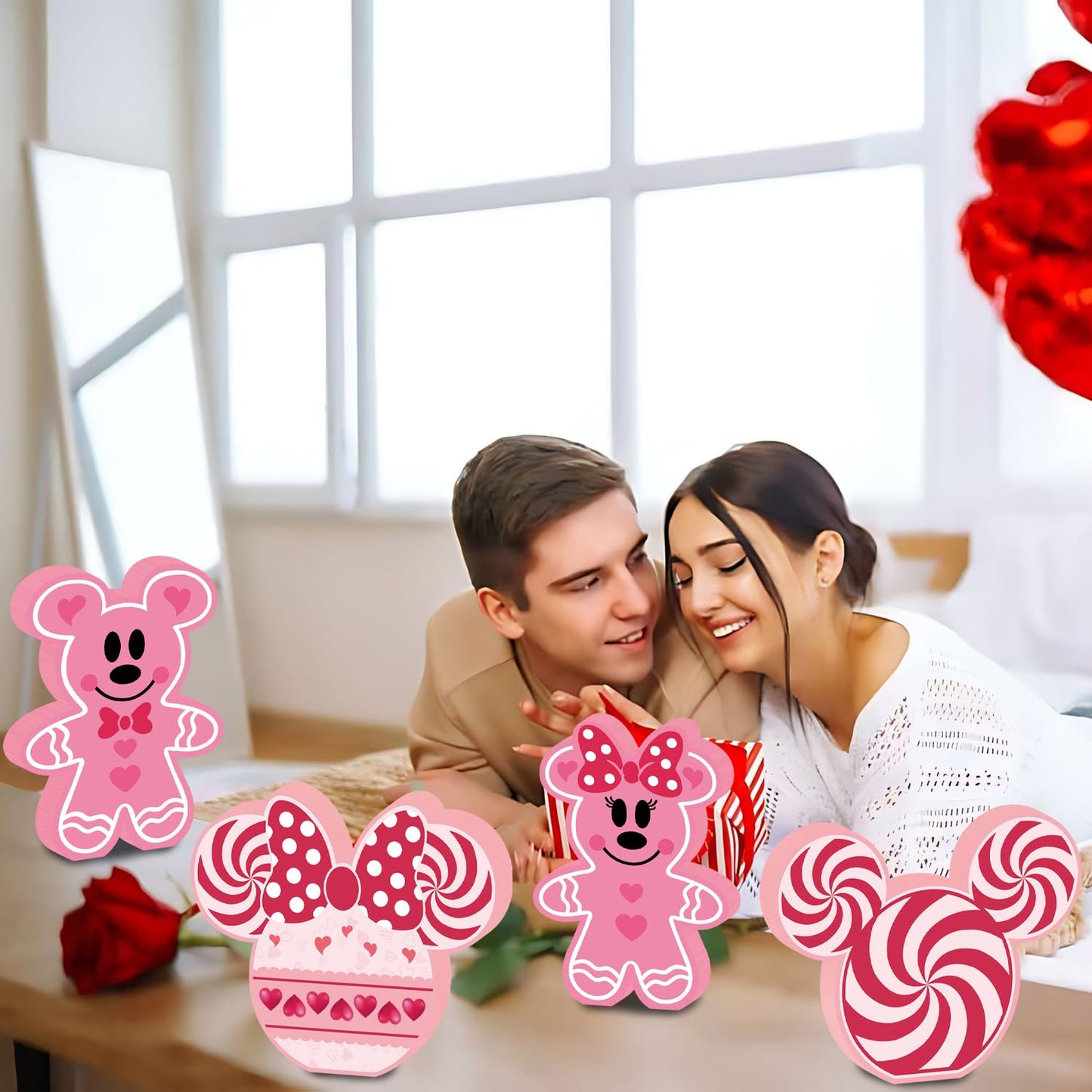 SZTZPW 4pcs Valentines Day Mouse Decorations – Pink Double-Sided Centerpieces for Tiered Trays