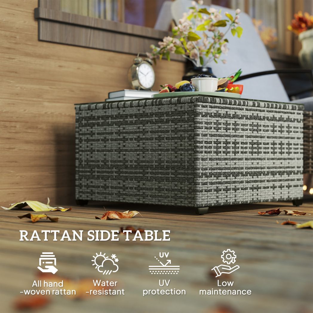 Outsunny Outdoor Coffee Table with Glass Top, Rattan Side Table