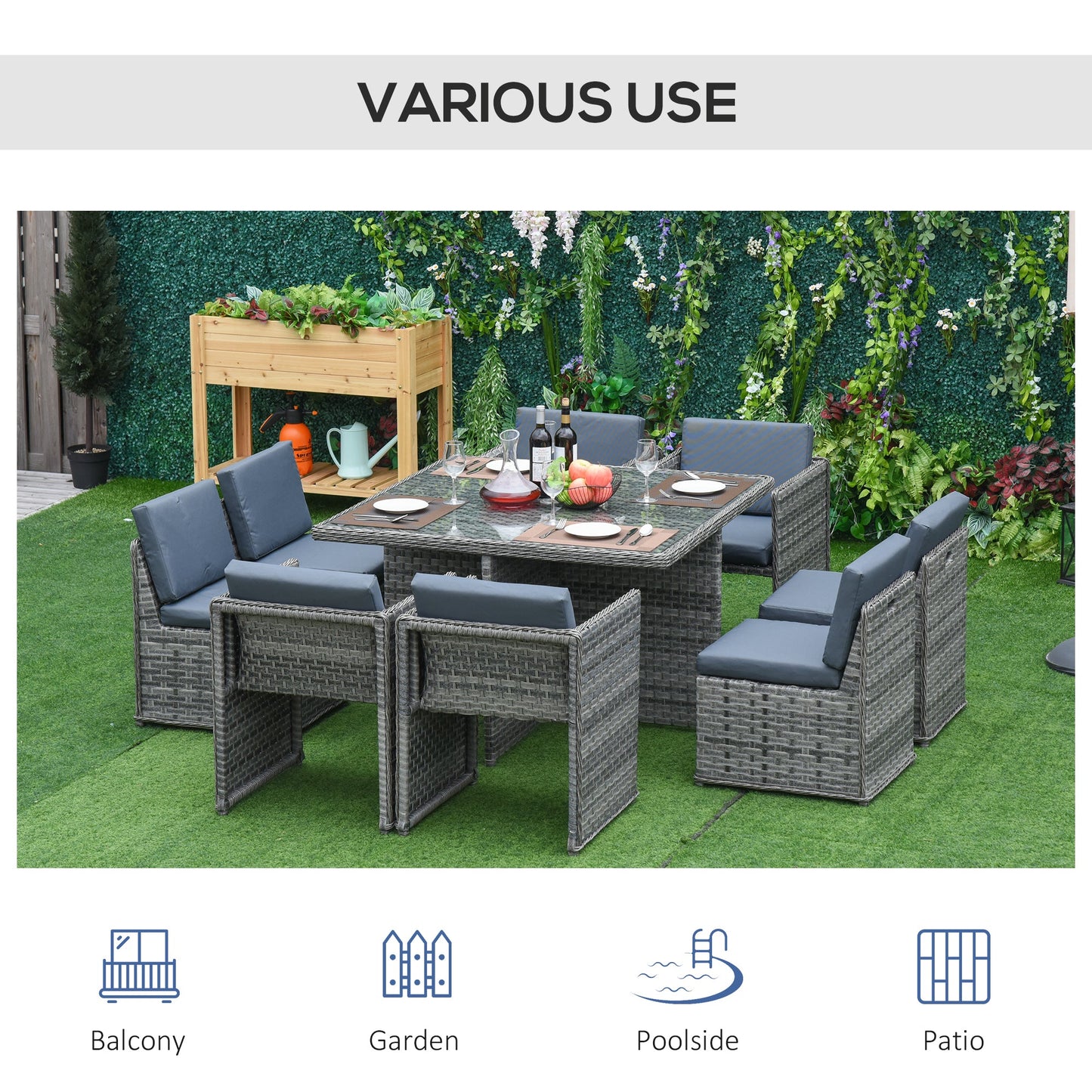 9 PCs Rattan Dining Table Chair Set 8-seater Cube Sofa & Umbrella Table Grey