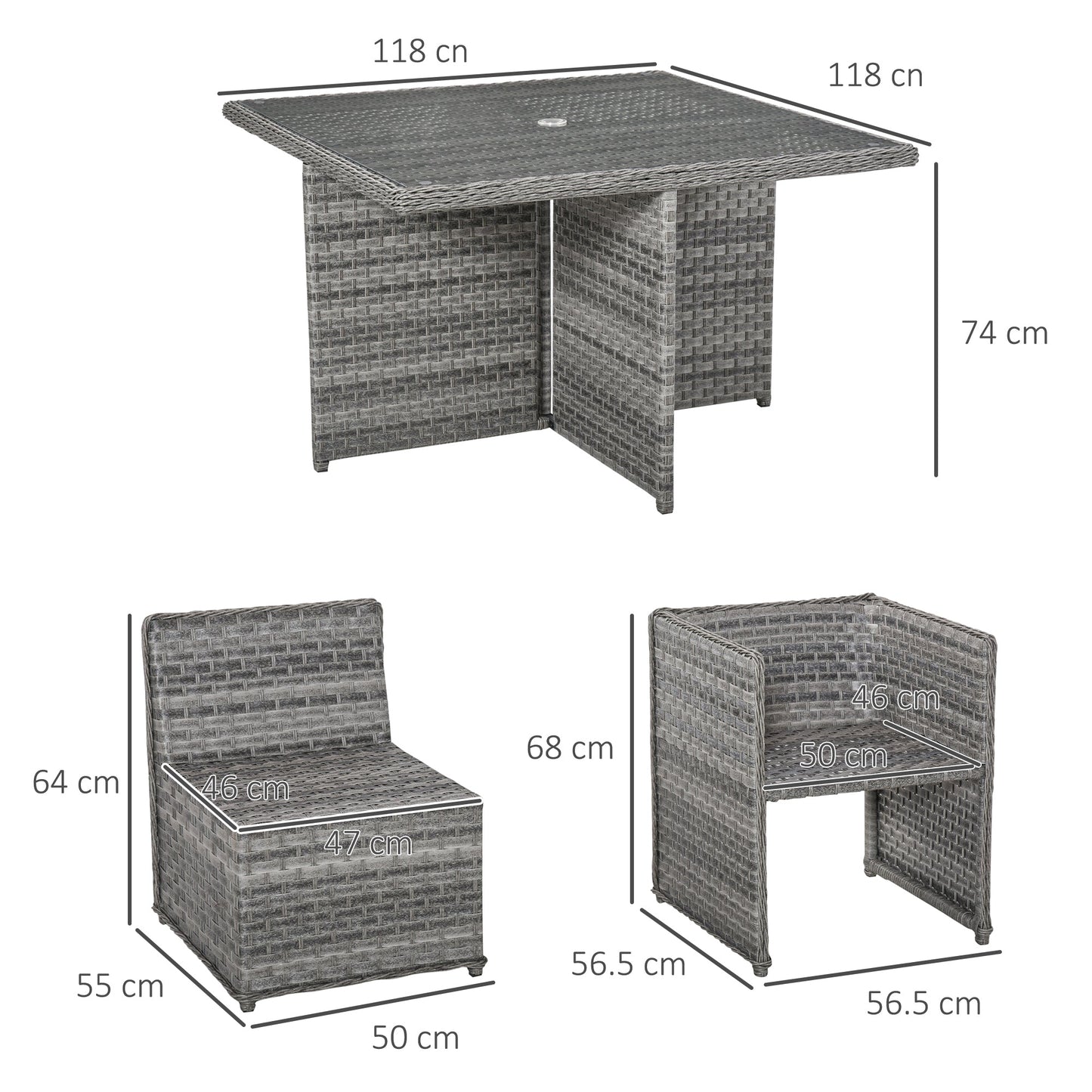 9 PCs Rattan Dining Table Chair Set 8-seater Cube Sofa & Umbrella Table Grey