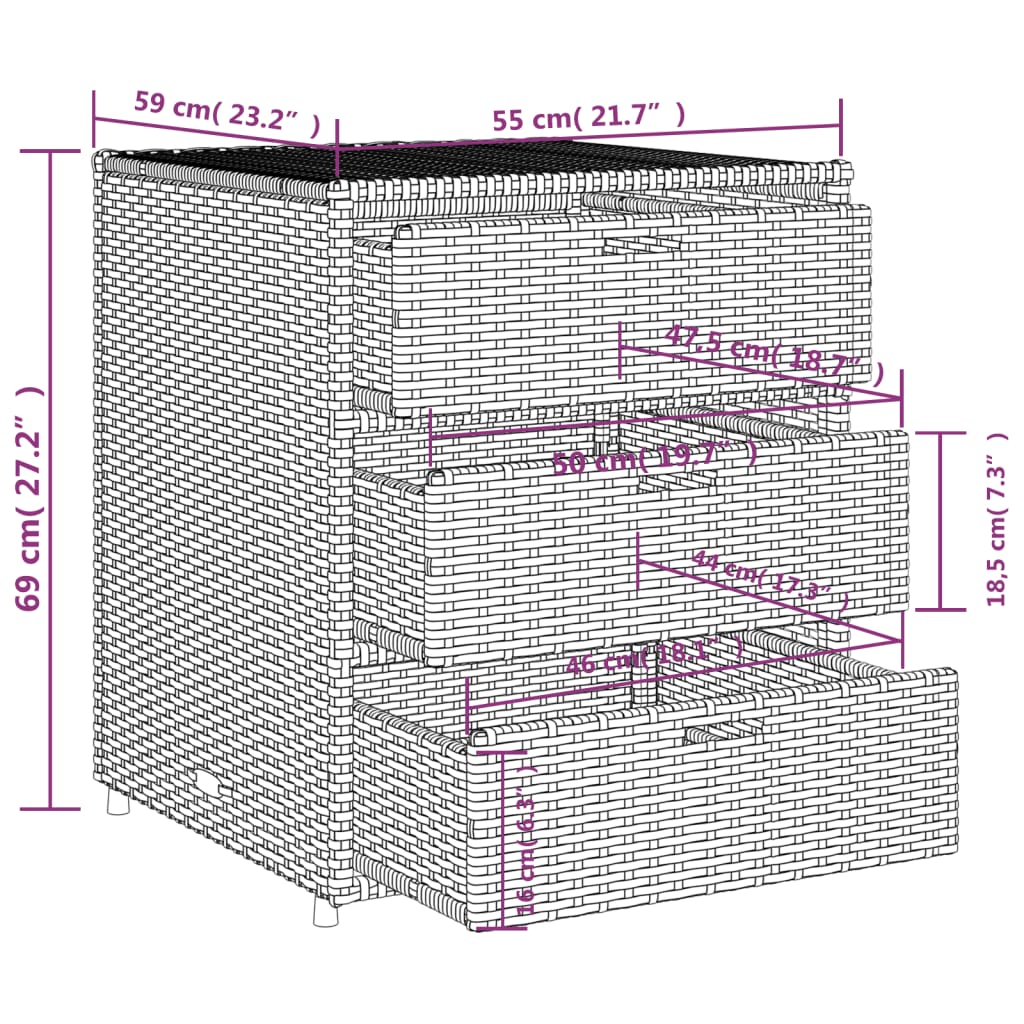 Outdoor Patio Poly Rattan Garden Storage Cabinet Unit With 3 Drawers