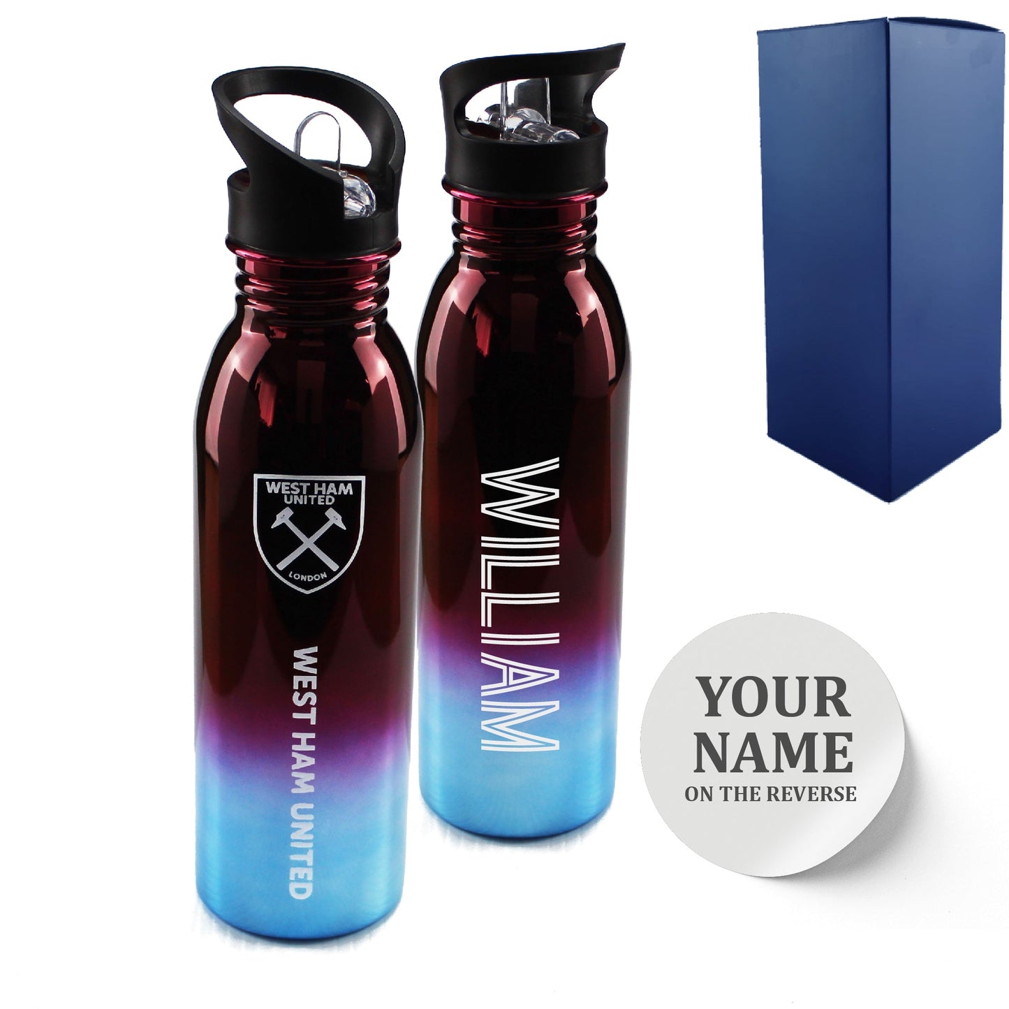 Official Printed West Ham Metallic Water Bottle, Personalise Any Name, Gift Boxed