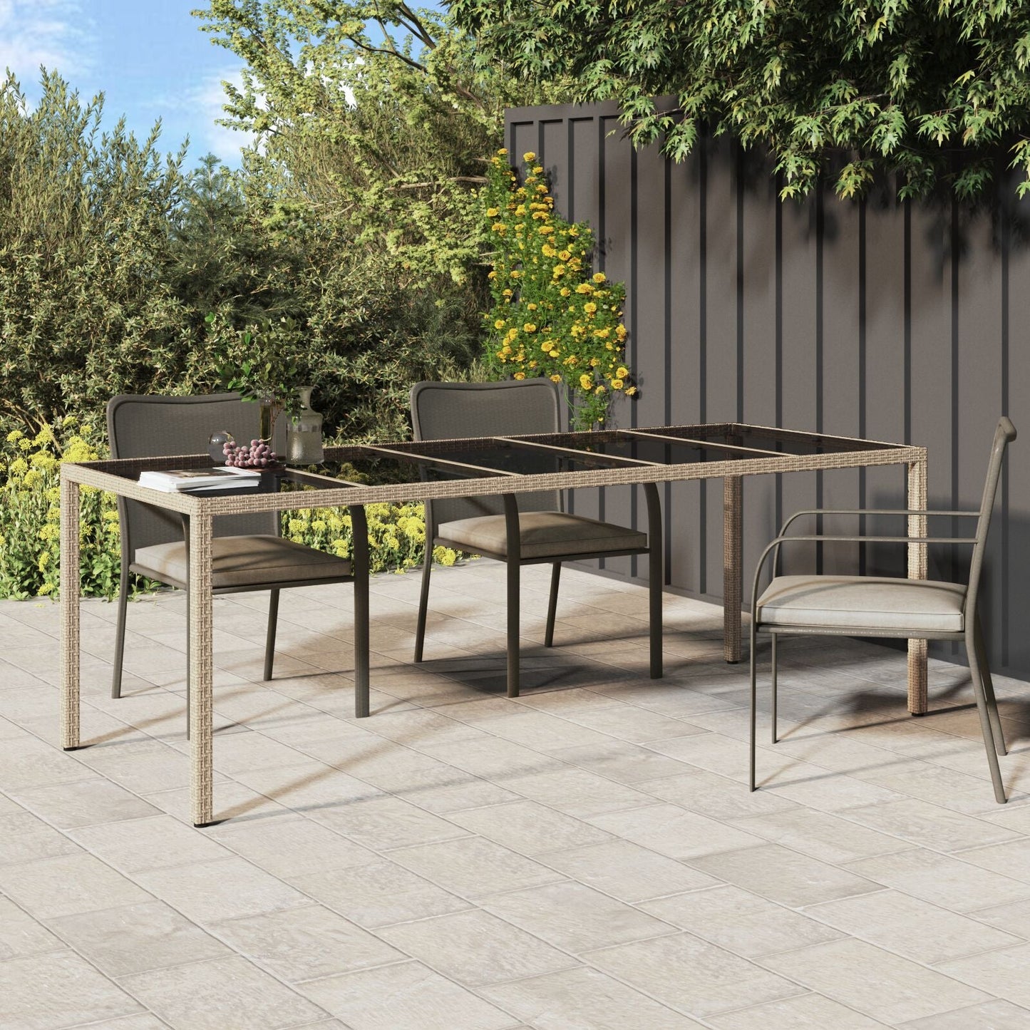 Outdoor Patio Poly Rattan Large 6 Person Garden Dining Table With Glass Top