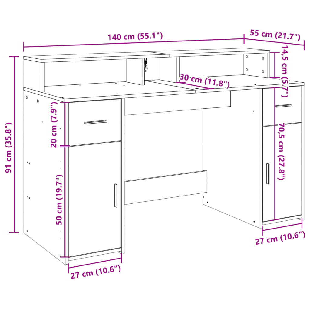 Desk with LED Lights White 140x55x91 cm Engineered Wood