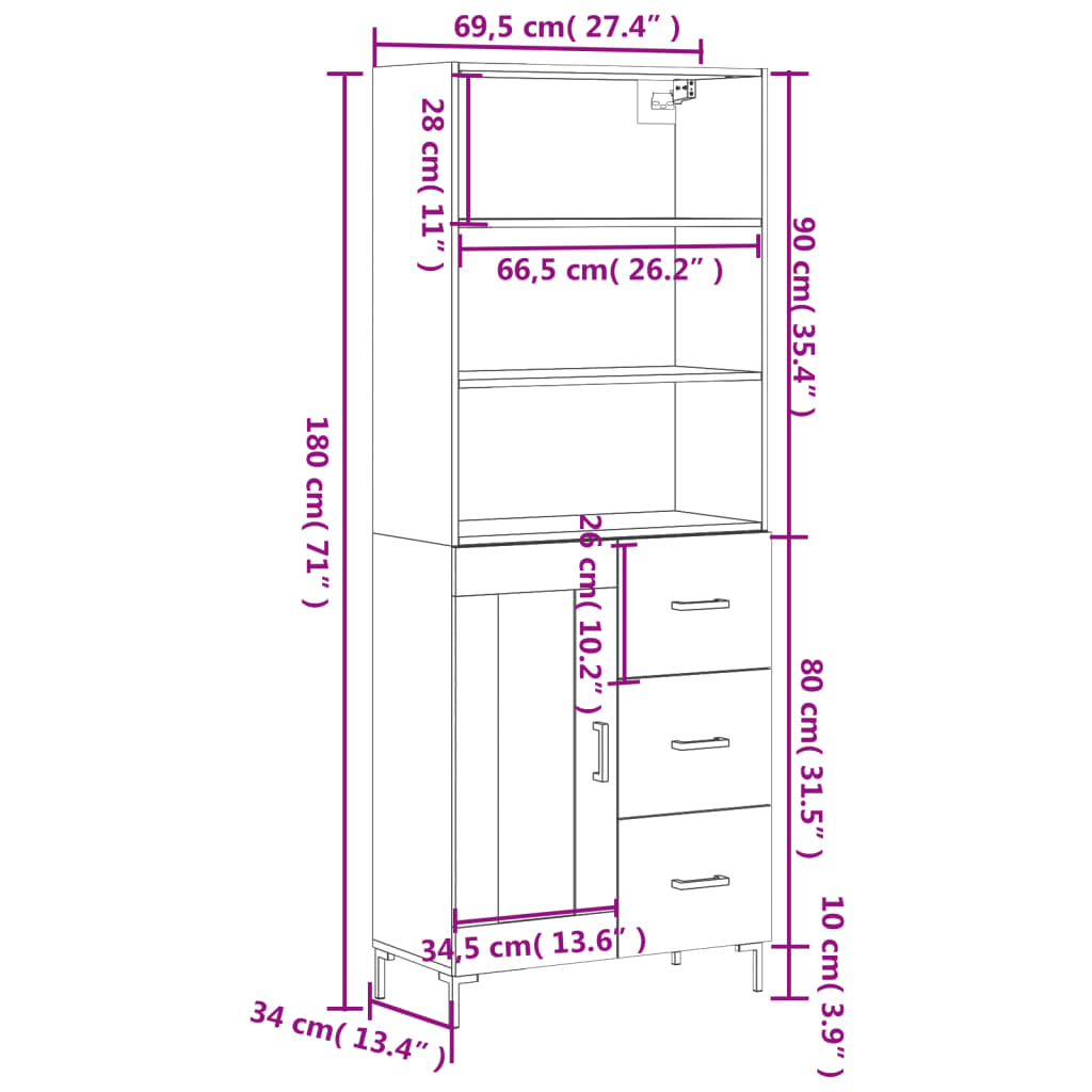 Highboard White 69.5x34x180 cm Engineered Wood