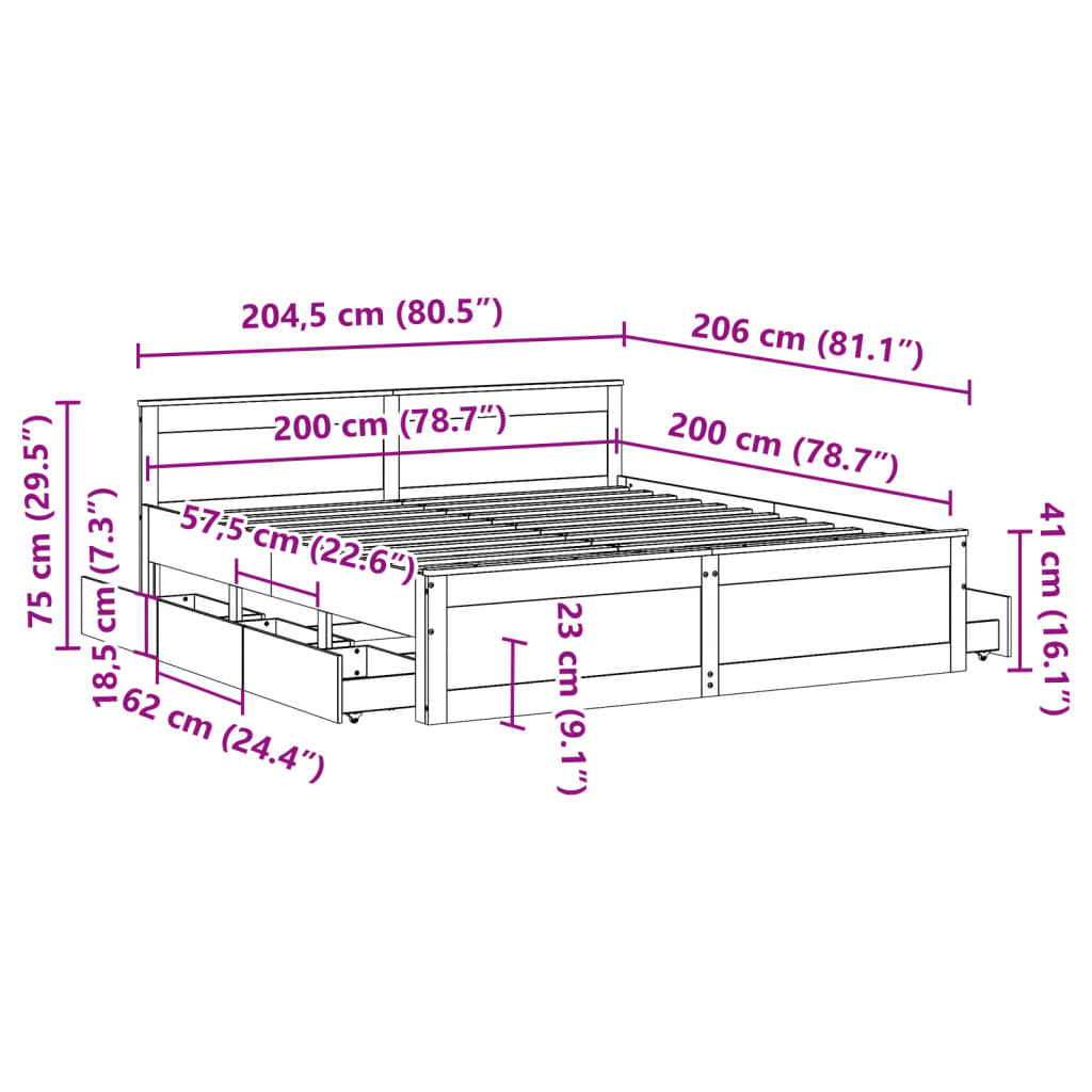 Rustic Wooden Emperor Size 2m Bed Frame Base With Drawers & Headboard
