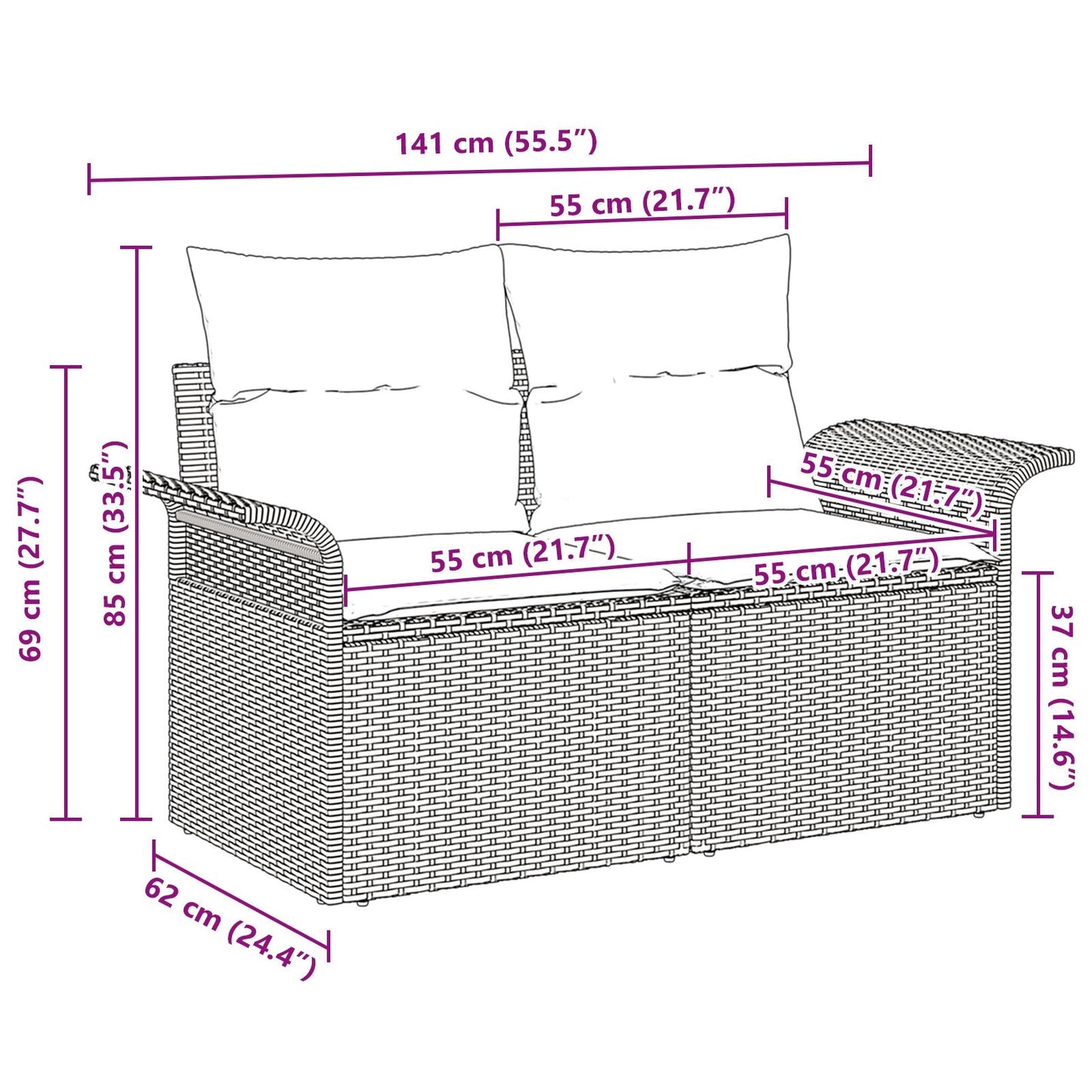 Outdoor Patio Poly Rattan 2-Seater Garden Sofa With Storage & Cushions Chair