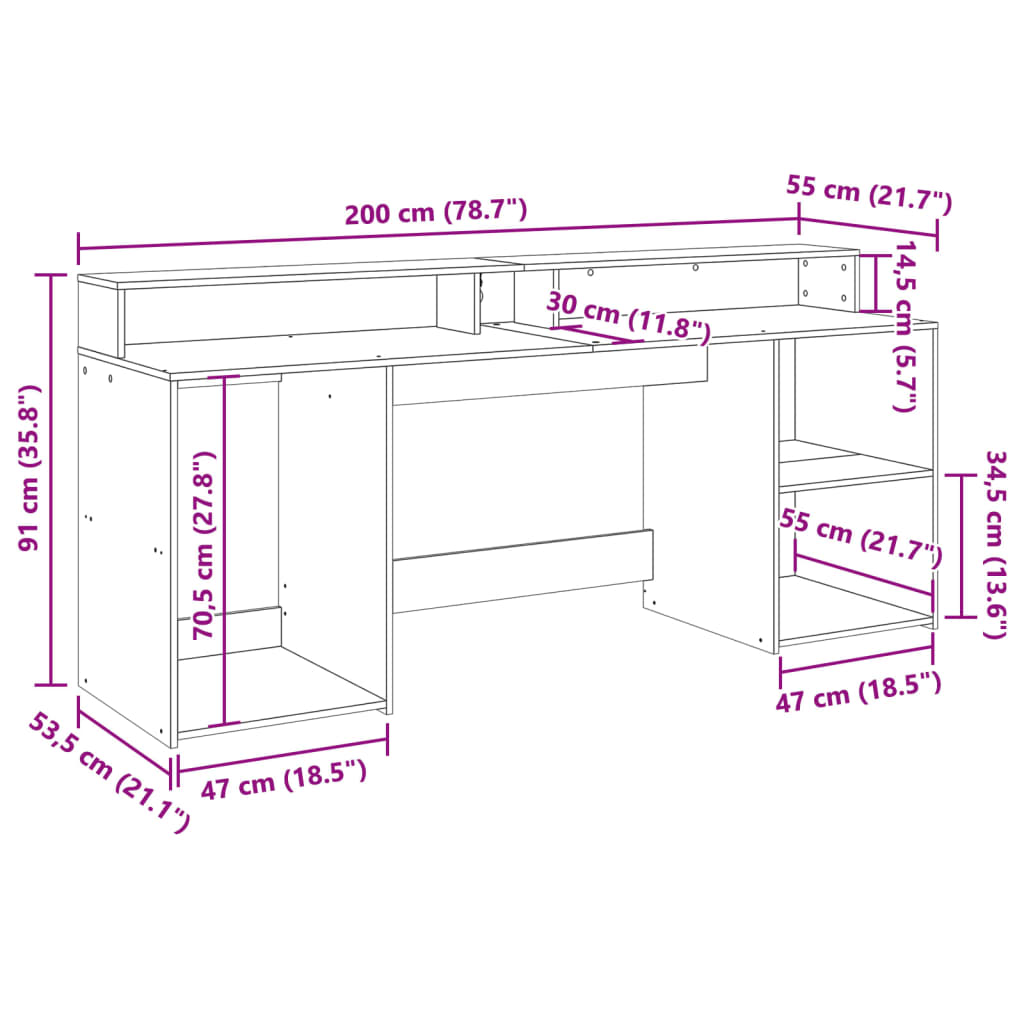 Desk with LED Lights Sonoma Oak 200x55x91 cm Engineered Wood