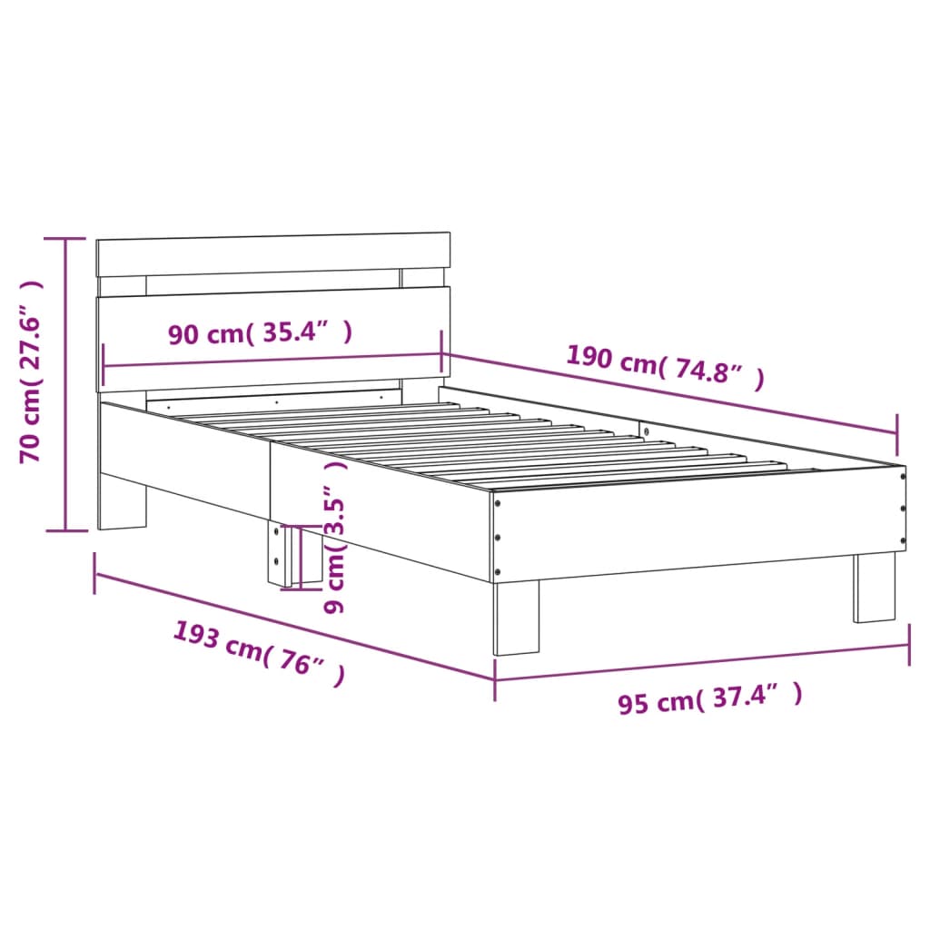 Modern Wooden Single Size 90cm Bed Frame Base With LED Lights & Headboard Wood