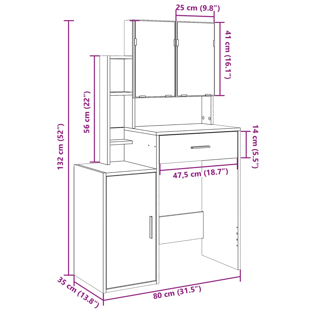 Dressing Table with Cabinet Brown Oak 80x35x132 cm