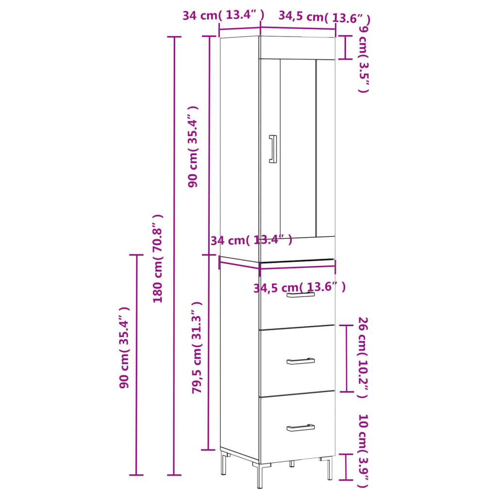 Highboard White 34.5x34x180 cm Engineered Wood