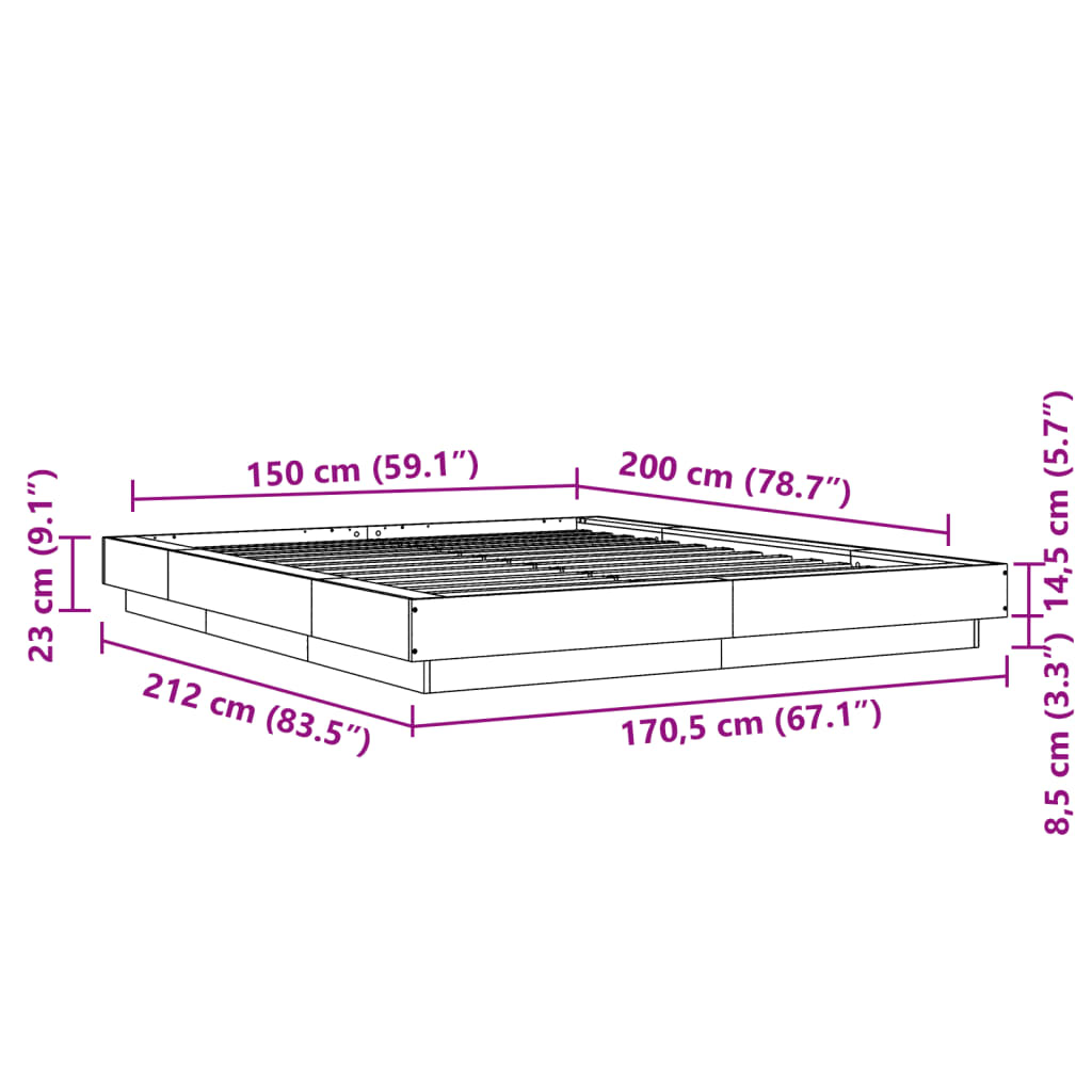 Bed Frame with LED Lights without Mattress Grey Sonoma 150x200cm