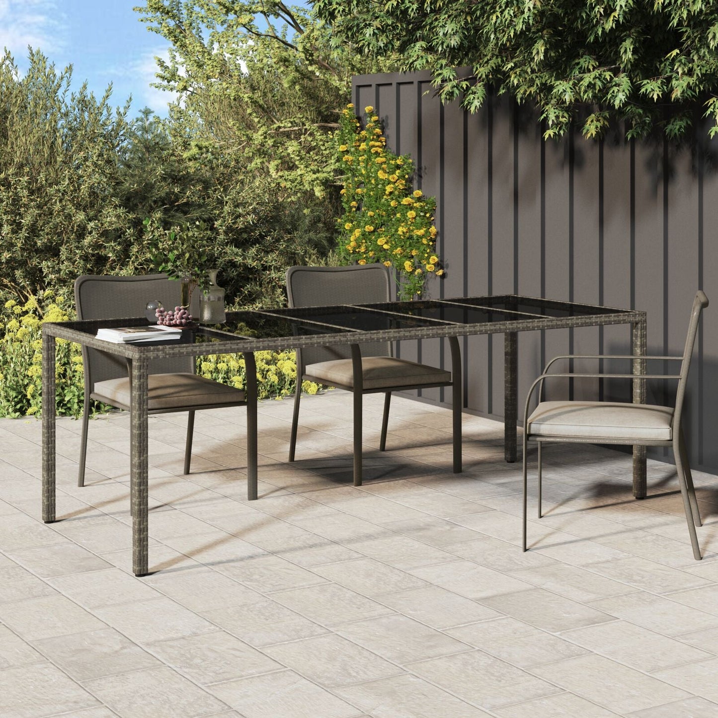 Outdoor Patio Poly Rattan Large 6 Person Garden Dining Table With Glass Top