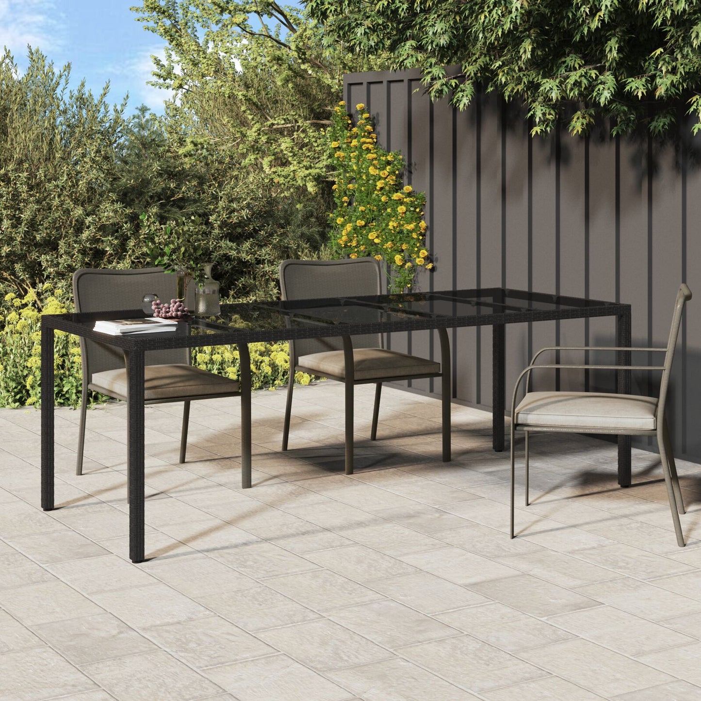 Outdoor Patio Poly Rattan Large 6 Person Garden Dining Table With Glass Top
