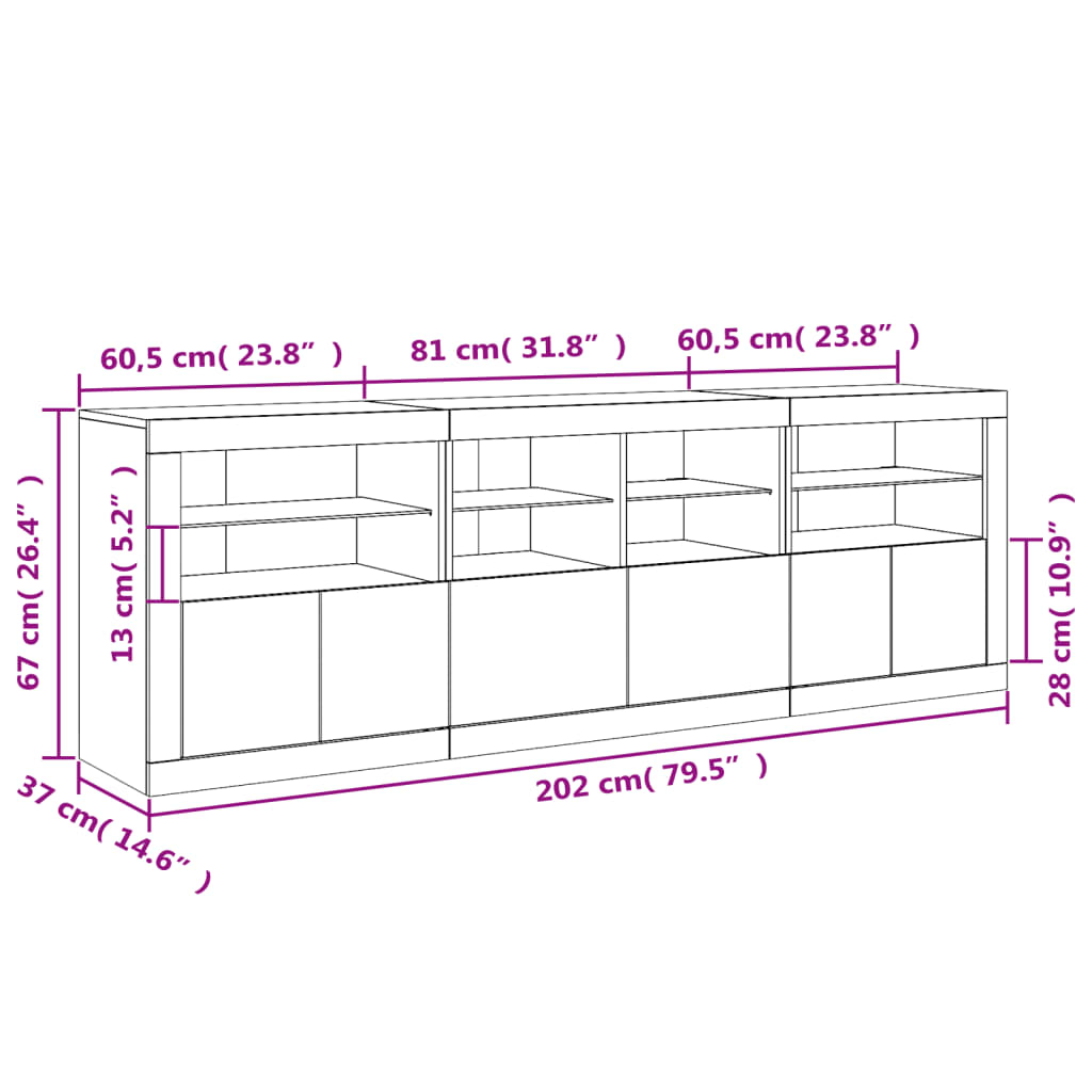 Sideboard with LED Lights Concrete Grey 202x37x67 cm