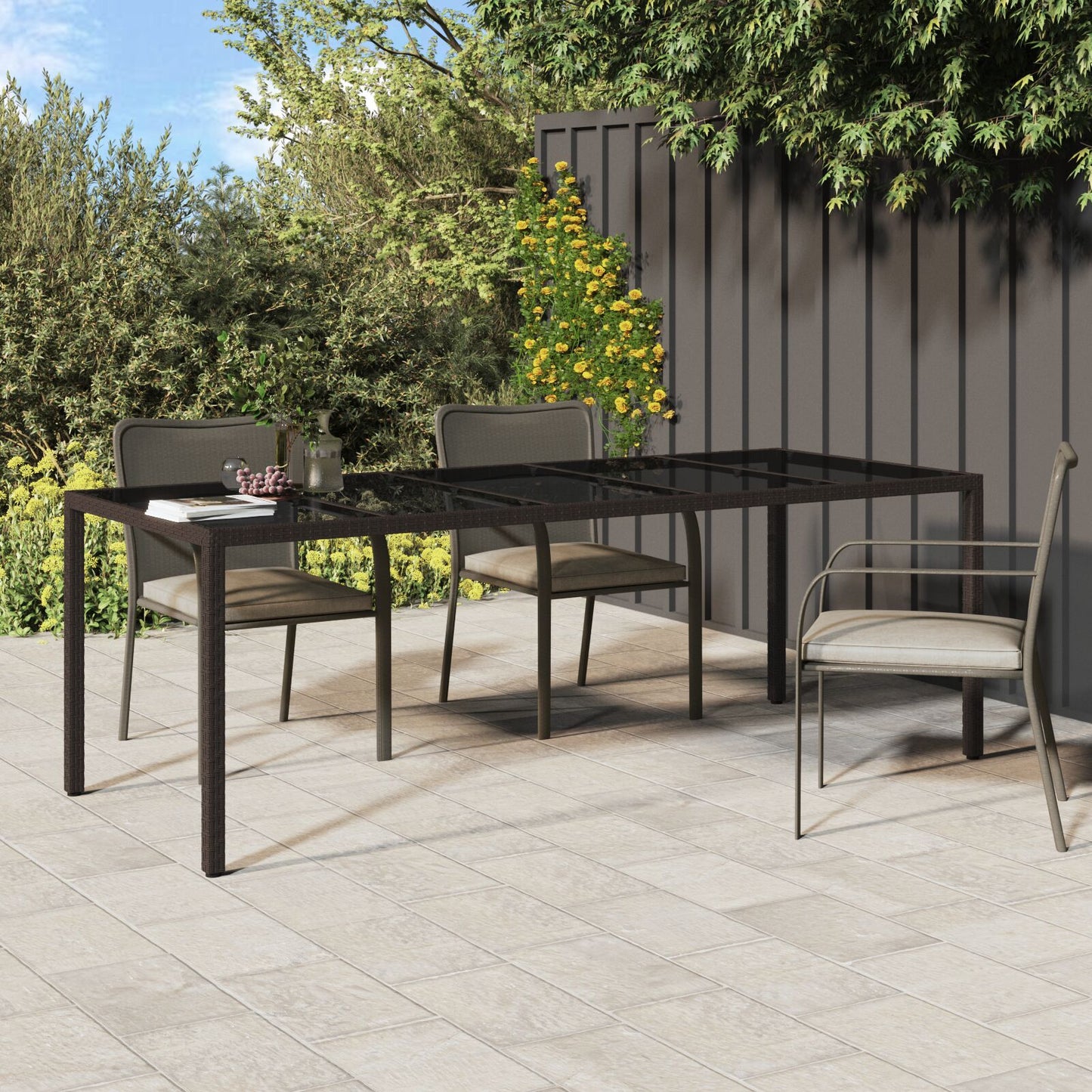 Outdoor Patio Poly Rattan Large 6 Person Garden Dining Table With Glass Top