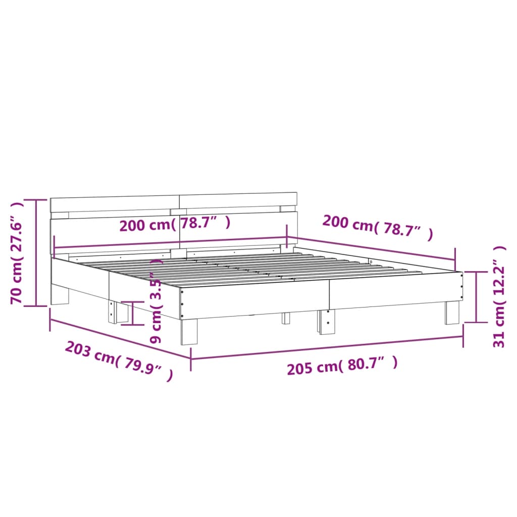 Bed Frame with LED without Mattress Grey Sonoma 200x200 cm