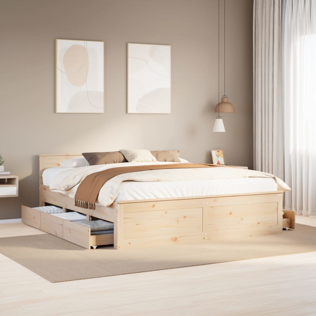 Rustic Wooden Emperor Size 2m Bed Frame Base With Drawers & Headboard