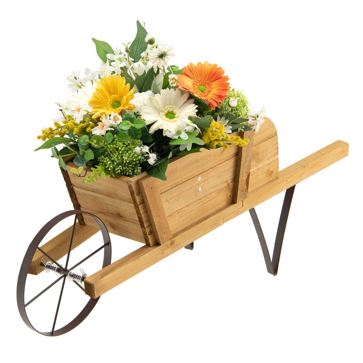Wooden Wagon Planter Stand Wheelbarrow Flower Cart Garden Decoration-Blue