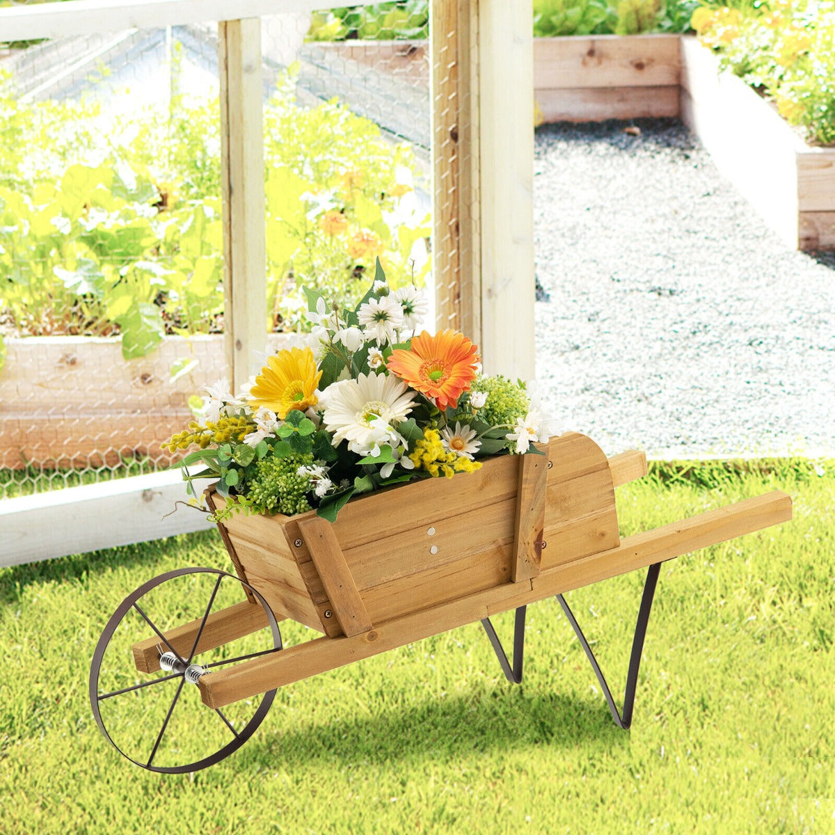 Wooden Wagon Planter Stand Wheelbarrow Flower Cart Garden Decoration-Blue