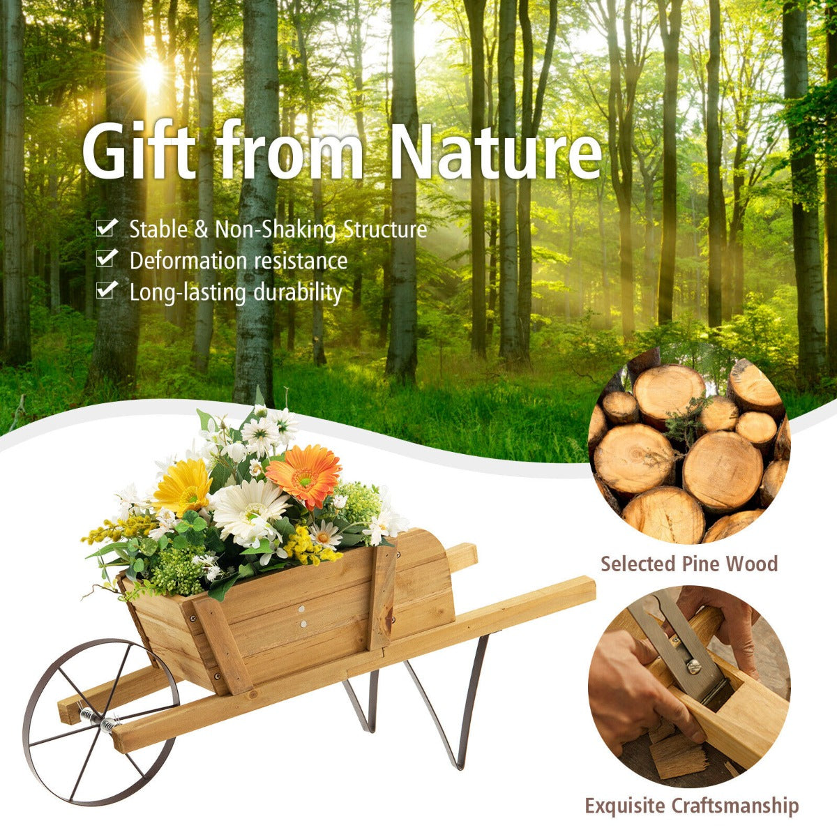 Wooden Wagon Planter Stand Wheelbarrow Flower Cart Garden Decoration-Blue