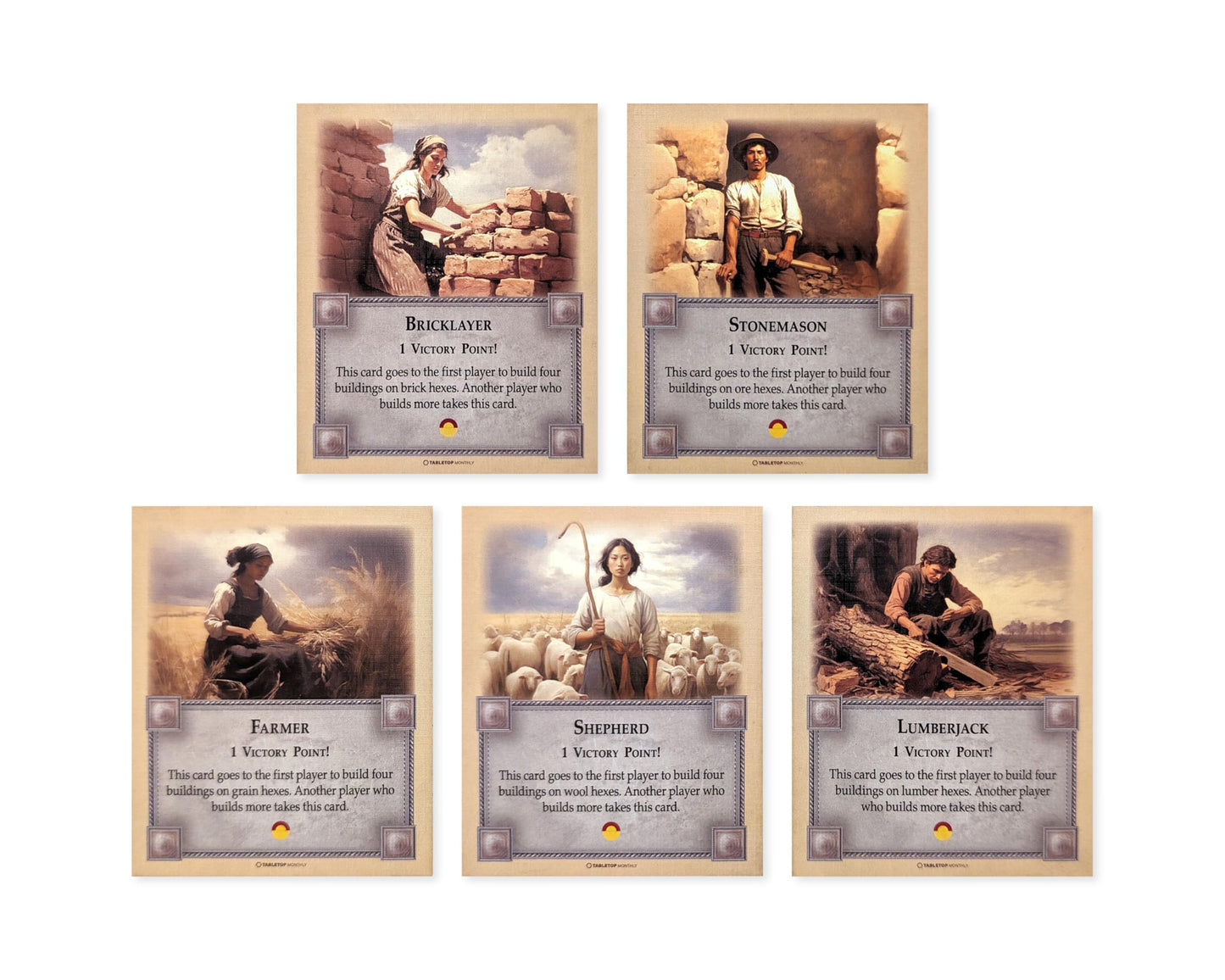 Tabletop Monthly Professions Victory Point Cards for Catan – Bricklayer, Stonemason, Farmer, Shepherd, Lumberjack | Compatible with Settlers of Catan 5th Edition & Expansions