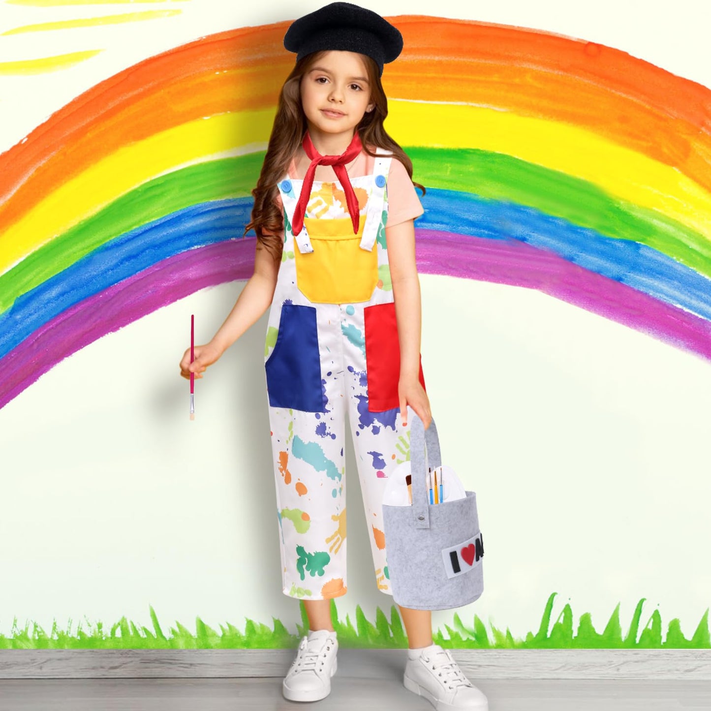 Tacobear Kids Artist Costume with Overalls, Beret, Bow Tie, Mustaches, Paint Bucket & Brush – Halloween Career Day Outfit