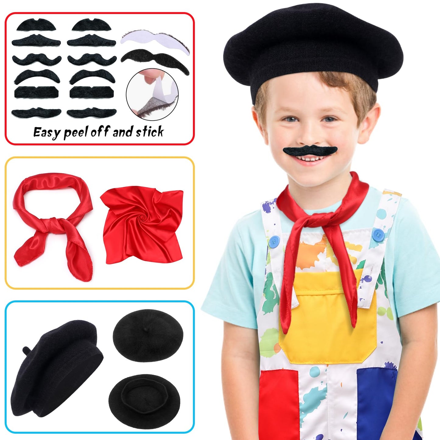 Tacobear Kids Artist Costume with Overalls, Beret, Bow Tie, Mustaches, Paint Bucket & Brush – Halloween Career Day Outfit
