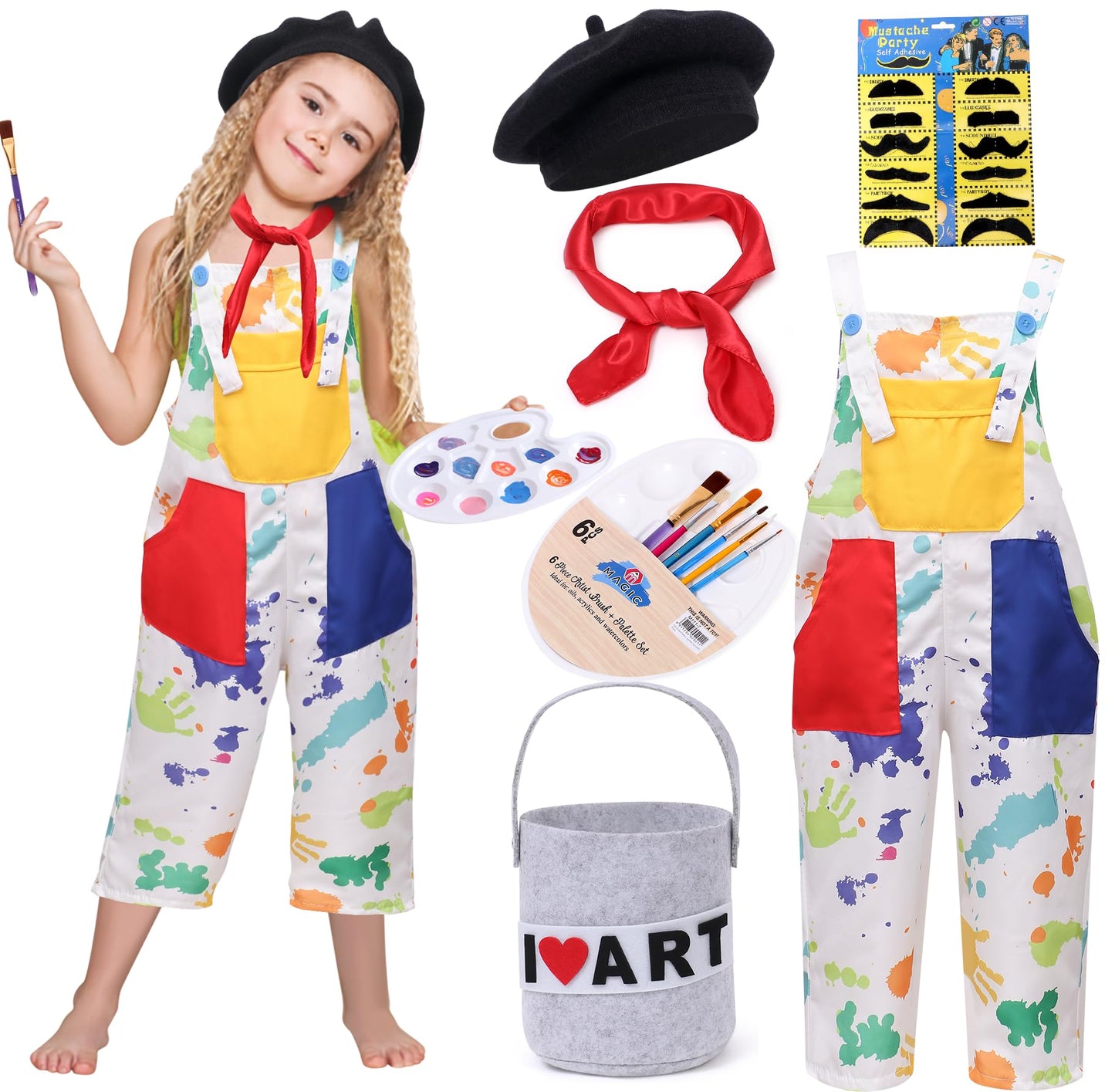 Tacobear Kids Artist Costume with Overalls, Beret, Bow Tie, Mustaches, Paint Bucket & Brush – Halloween Career Day Outfit