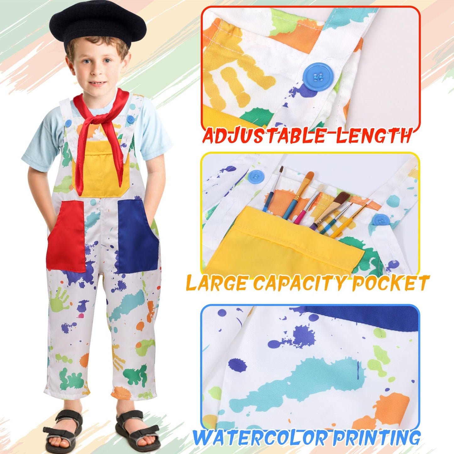 Tacobear Kids Artist Costume with Overalls, Beret, Bow Tie, Mustaches, Paint Bucket & Brush – Halloween Career Day Outfit