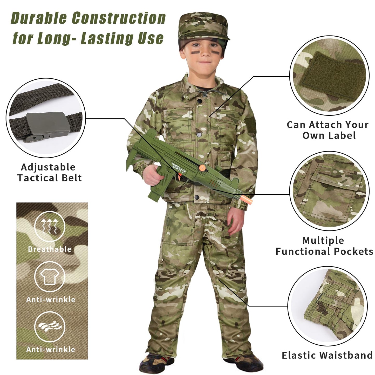 Tacobear Soldier Costume for Kids – 13-Piece Military Dress Up Set (Ages 3–9)