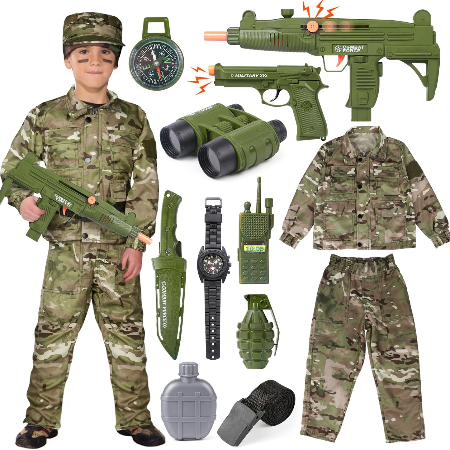 Tacobear Soldier Costume for Kids – 13-Piece Military Dress Up Set (Ages 3–9)