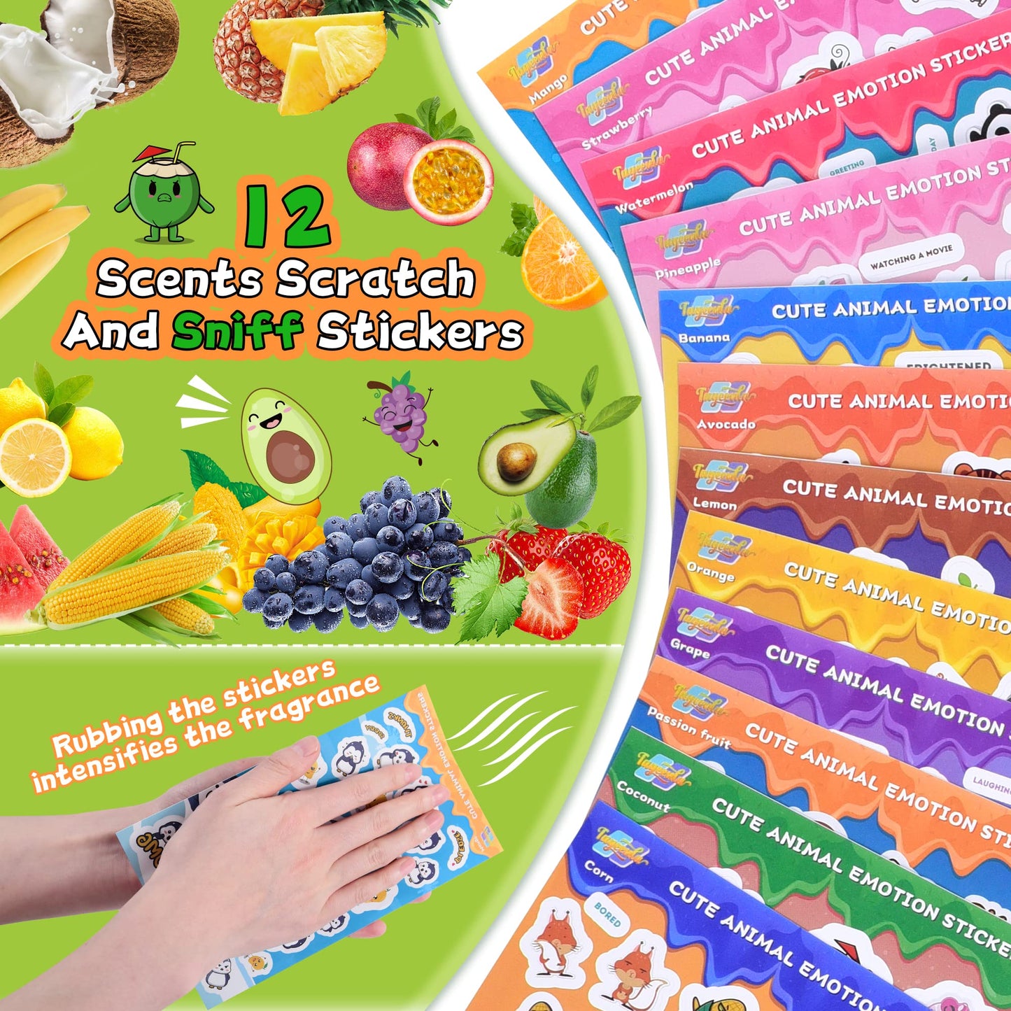 Tageenla Scratch and Sniff Stickers — 12 Scents, 48 Sheets, Cute Animal Emotions for Kids