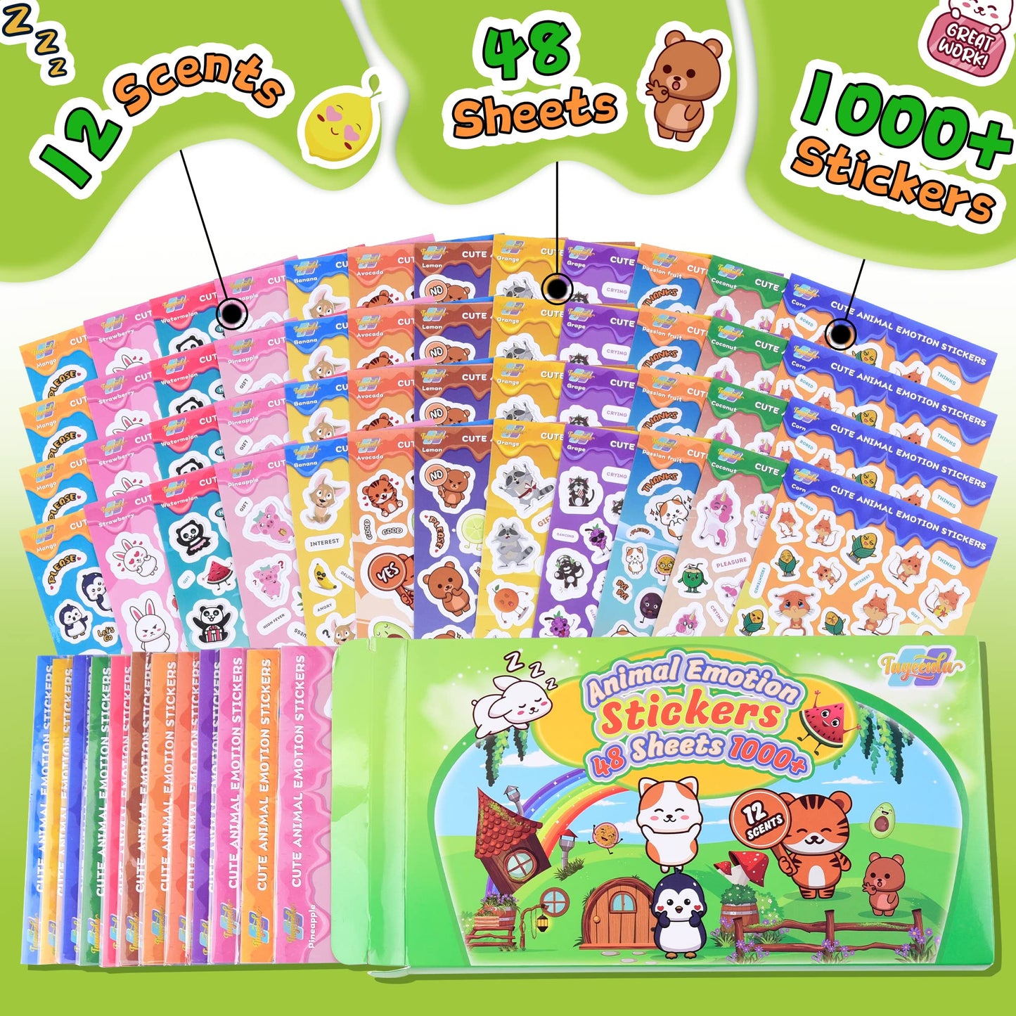 Tageenla Scratch and Sniff Stickers — 12 Scents, 48 Sheets, Cute Animal Emotions for Kids
