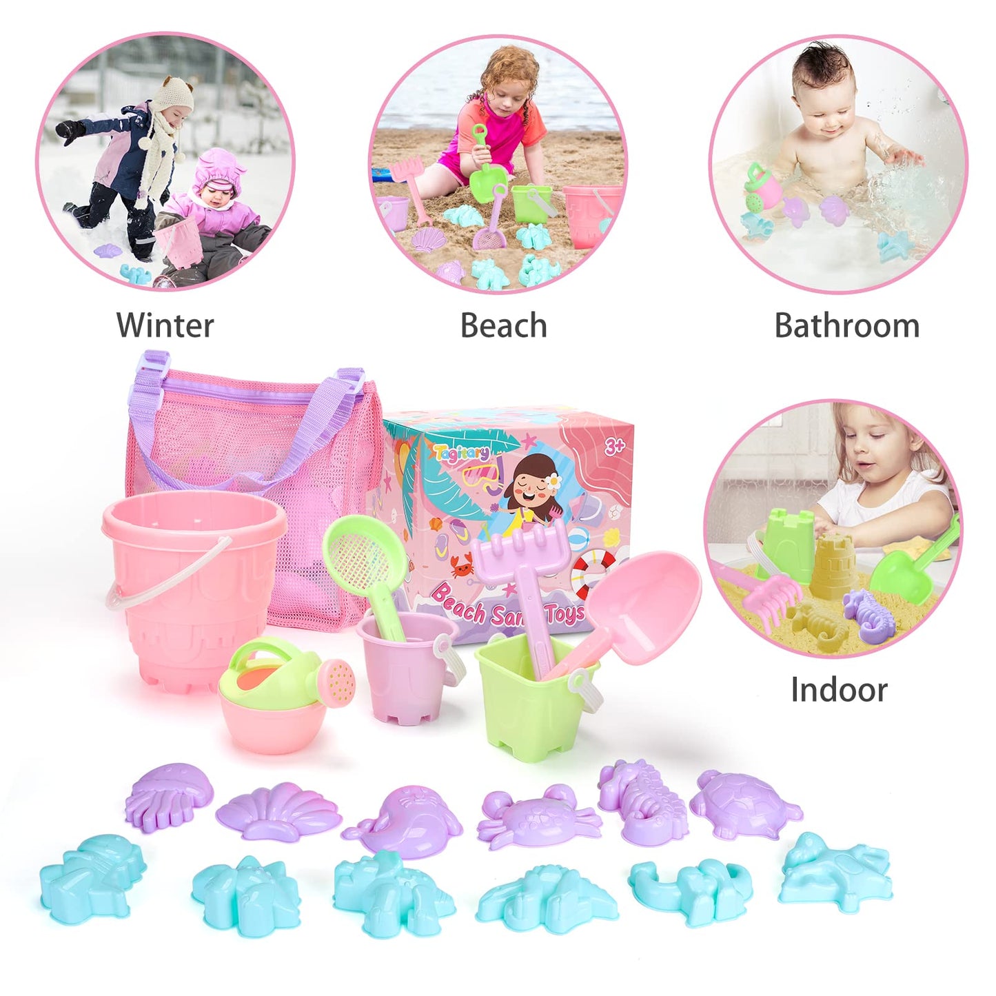 Tagitary Beach Sand Toys Set for Kids 3-10 | Buckets, Shovel, Molds & Shell Bag