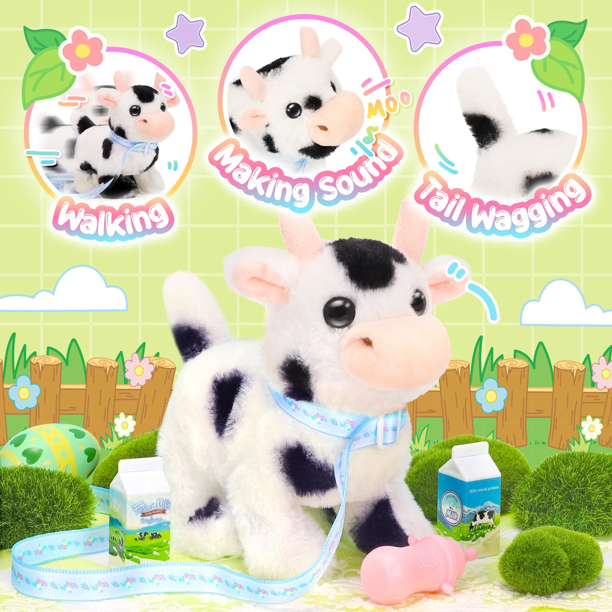 Tagitary Plush Interactive Cow Toy for Kids — Walking, Mooing, Tail Wag, Head Nod