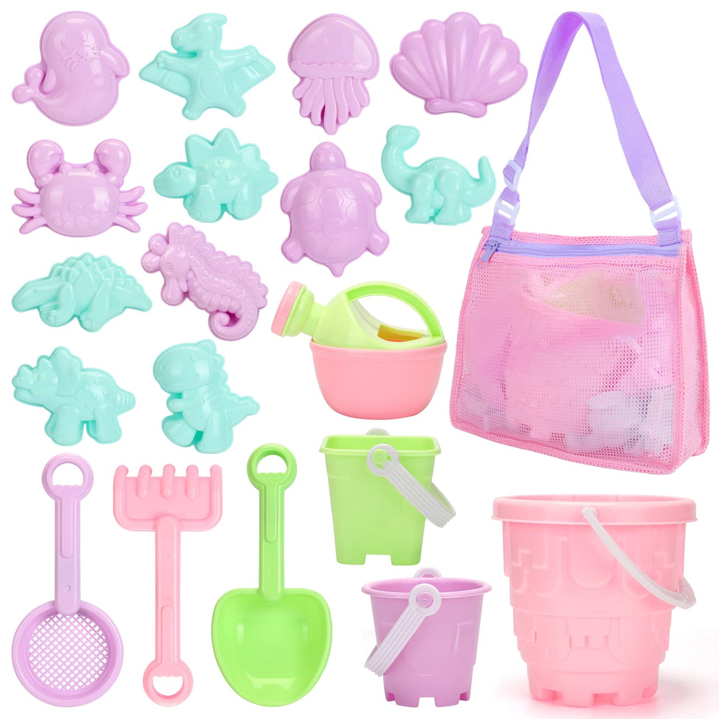 Tagitary Beach Sand Toys Set for Kids 3-10 | Buckets, Shovel, Molds & Shell Bag