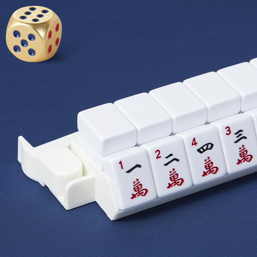 TAIKULA Mahjong Racks with Pushers – Clear Acrylic American Mahjong Tile Racks, Set of 4 with 3 Golden Dice (Beige and White)